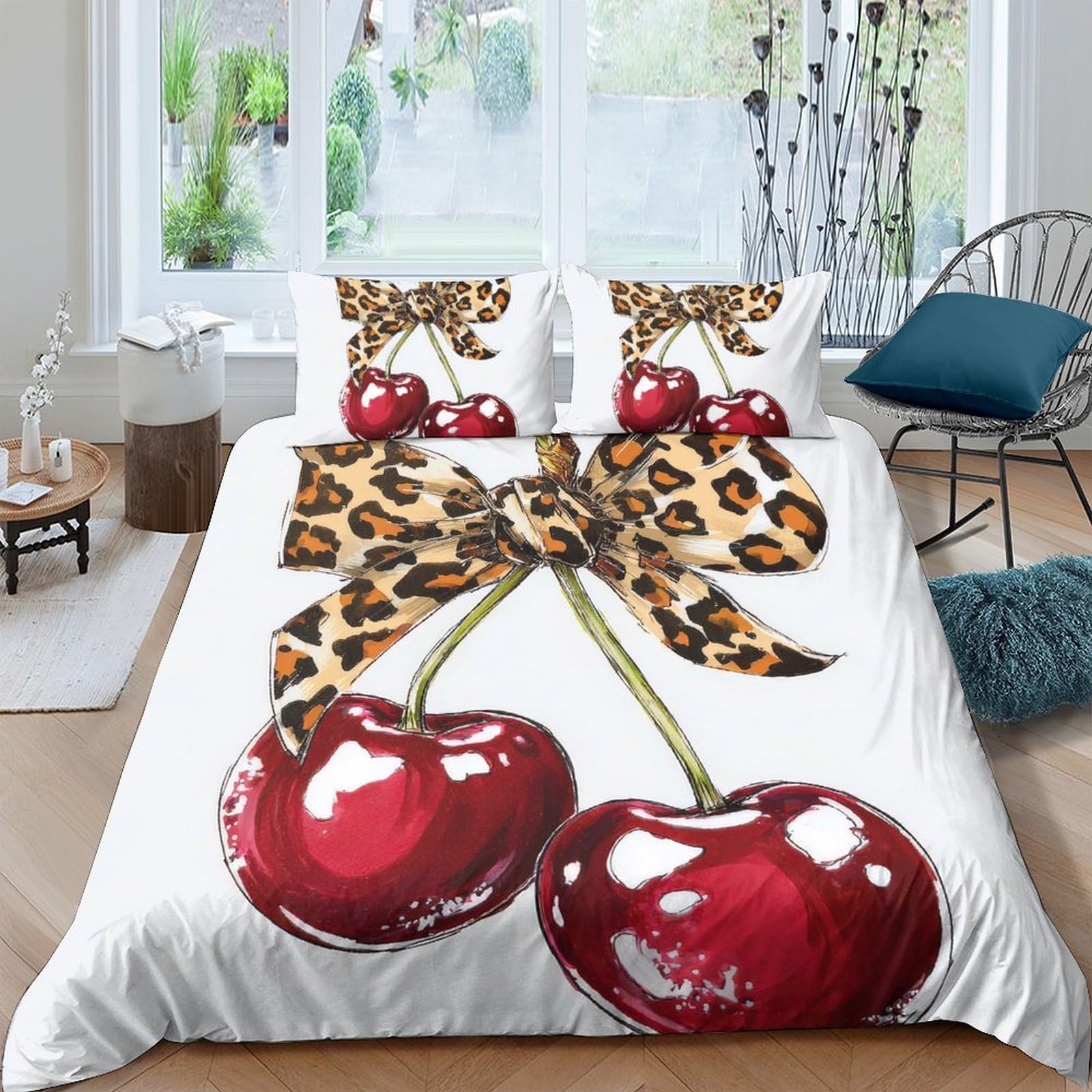 Ctjqhvkz Style-5 3D Printed Cherry Leopard Bow Fitted Sheet Microfiber Soft Anti-Slip Bed Cover For Bedroom Dorm Mattress Protection Decor Single（135X200cm）
