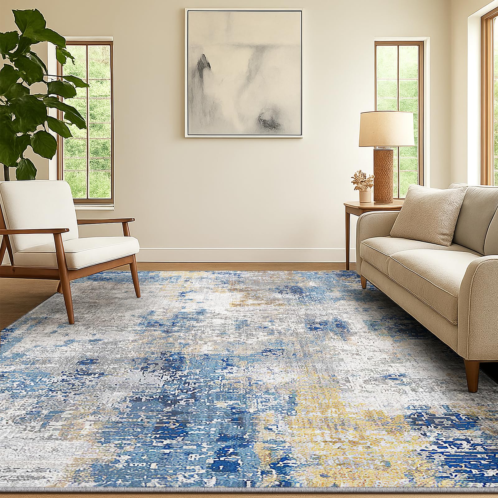 SOANNY Living Room Rug, 120x170 cm Modern Abstract Low Pile Area Carpet, Non-Slip Washable Mat for Bedroom, Hallway, Kitchen, Laundry, Entryway, Utility, Beside Sofa, Office, Dusty Blue — image 1