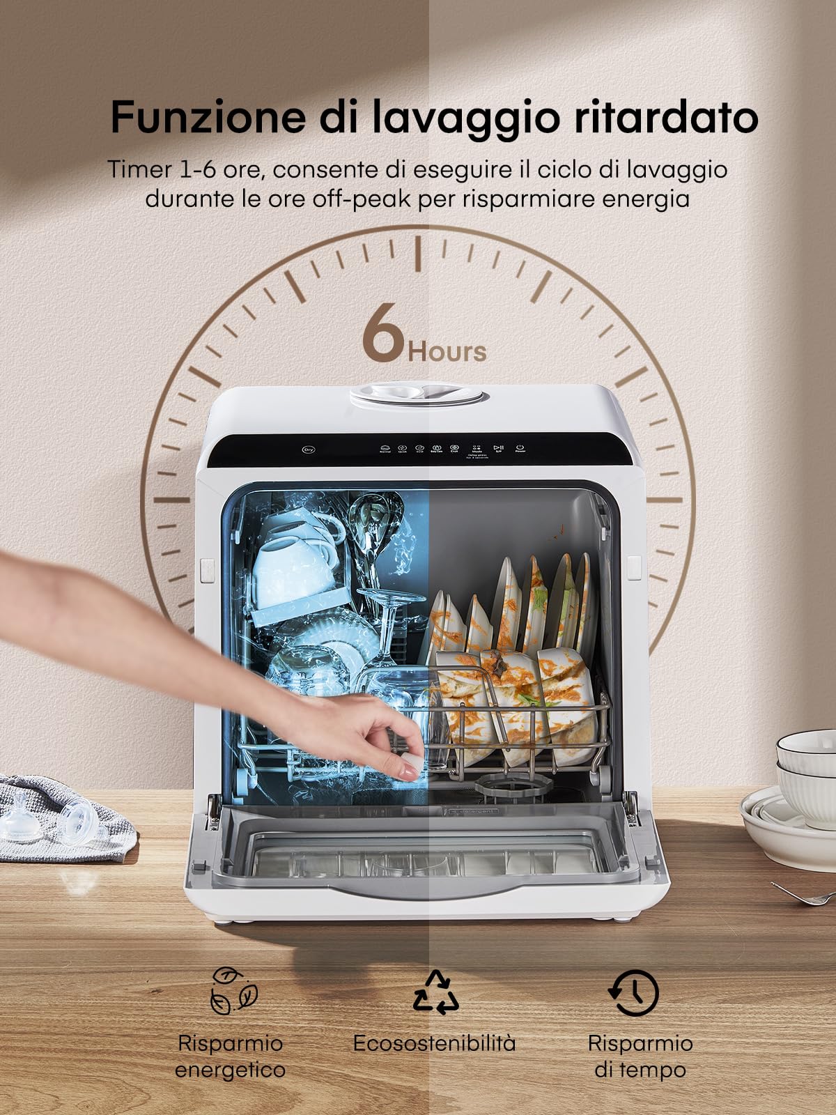 Mini Lavastoviglie da Tavolo, lavastoviglie portatile da 5L, 5+1 Programmi, Avvio Ritardato 1–6h, 2 Modi di Approvvigionamento Idrico, Touch Control e Display LED, Ideale per Cucine, Apt e Dormitori