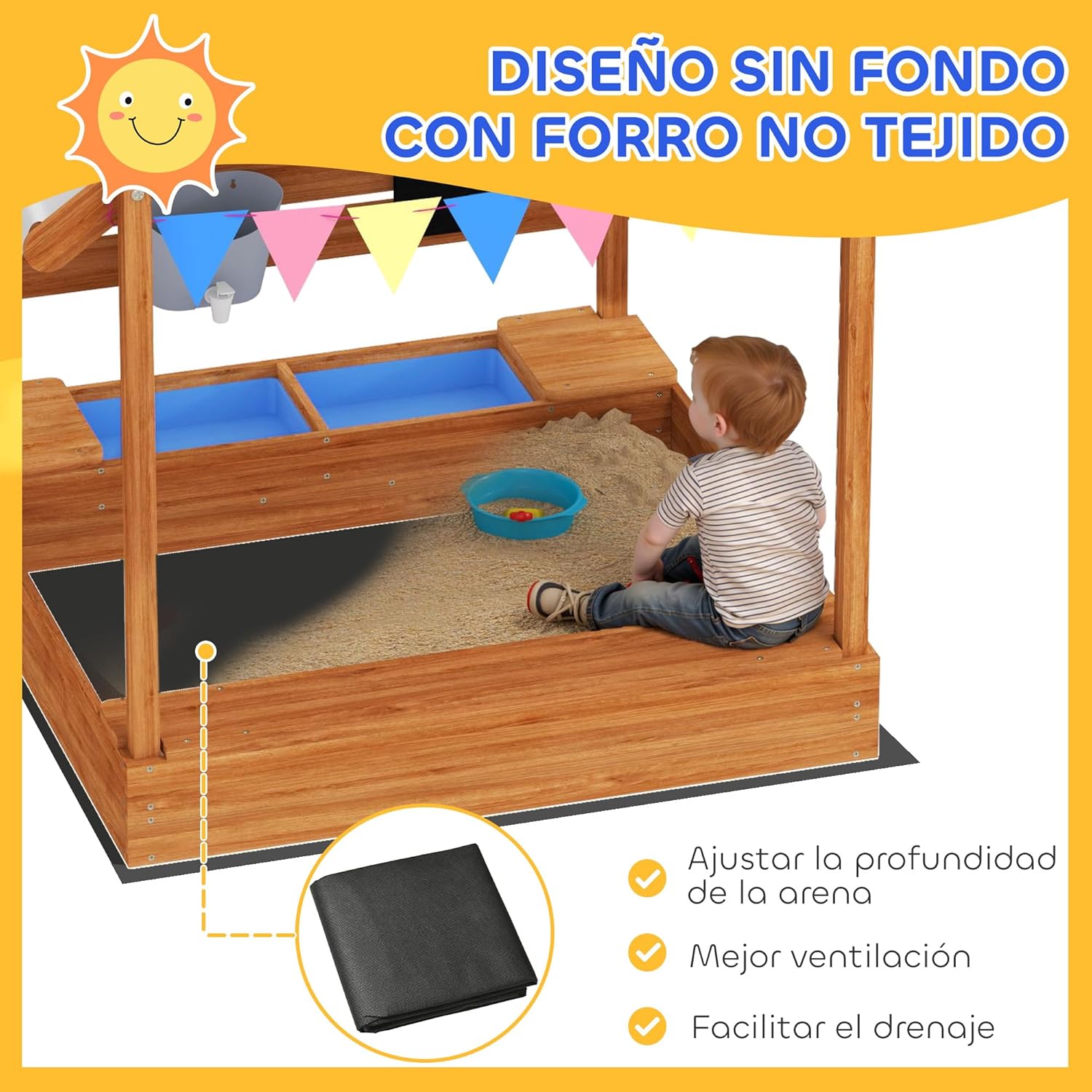 Outsunny Wooden Children's Sandbox with 2 Seats, Awning, 6 Pennants, 2 Removable Trays, Tap and Slate for Patio, Garden, 124 x 116 x 146 cm, Orange