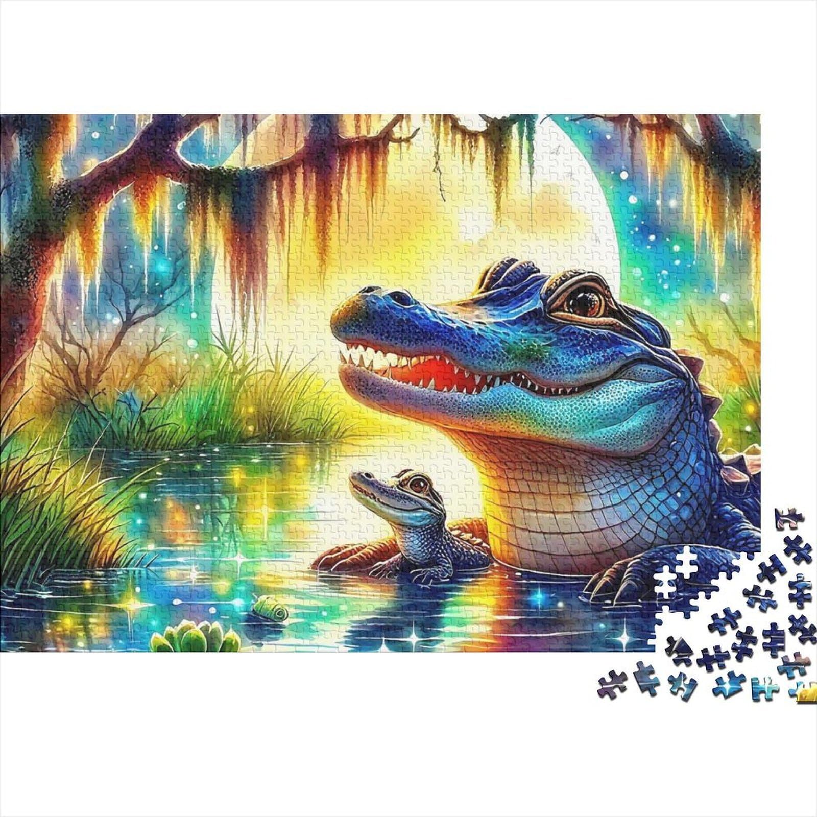Colorful Swamp Alligator Jigsaw Puzzle for Adults 1000 Piece Jigsaw Puzzle Night Nature Scenery Focus Booster Family Leisure Home Decor Gift 38x26cm/1000pcs — image 1