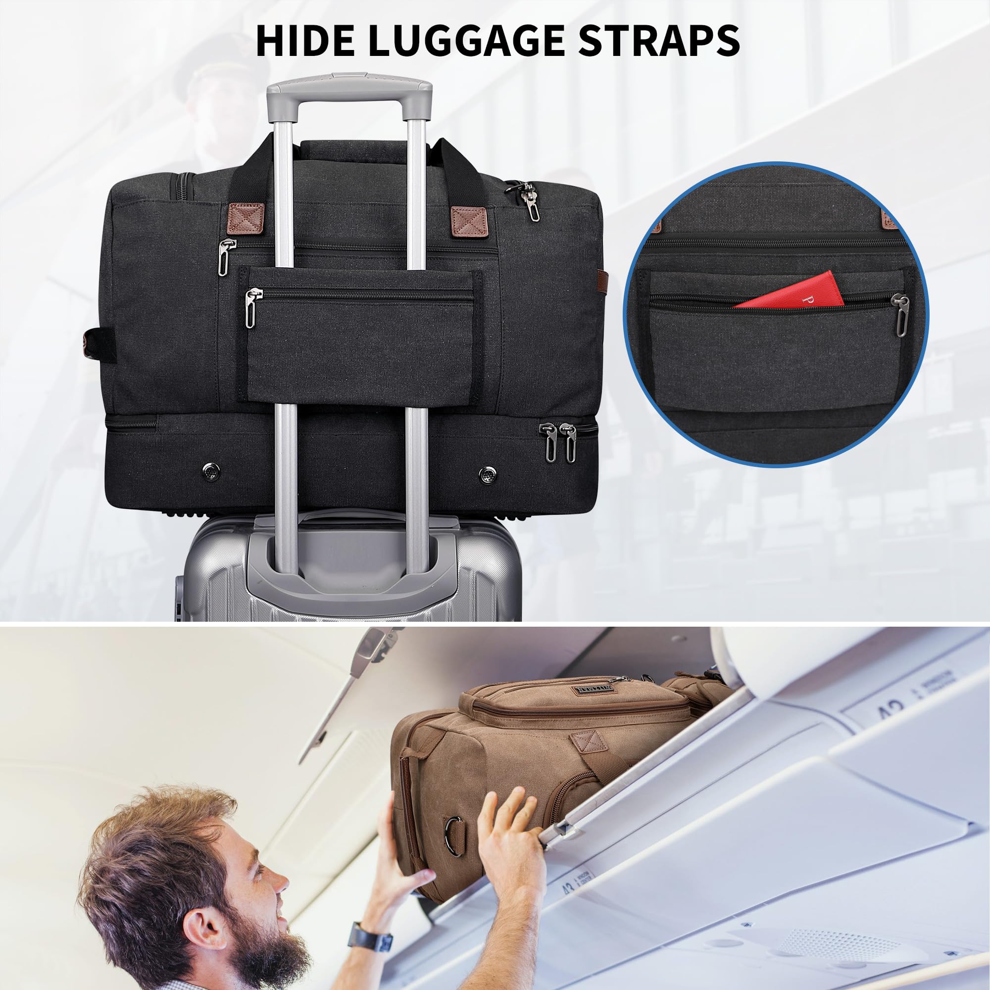 WITZMAN Reisetasche Herren 50L Canvas Wochenendtasche mit Kulturbeutel-Sets | Mit Schuhfach und Nass-Trennfach, Konvertierbar, Handgepäck Flugzeug, Eine für Reisen, Weekender, Sport, A8010/2 Schwarz