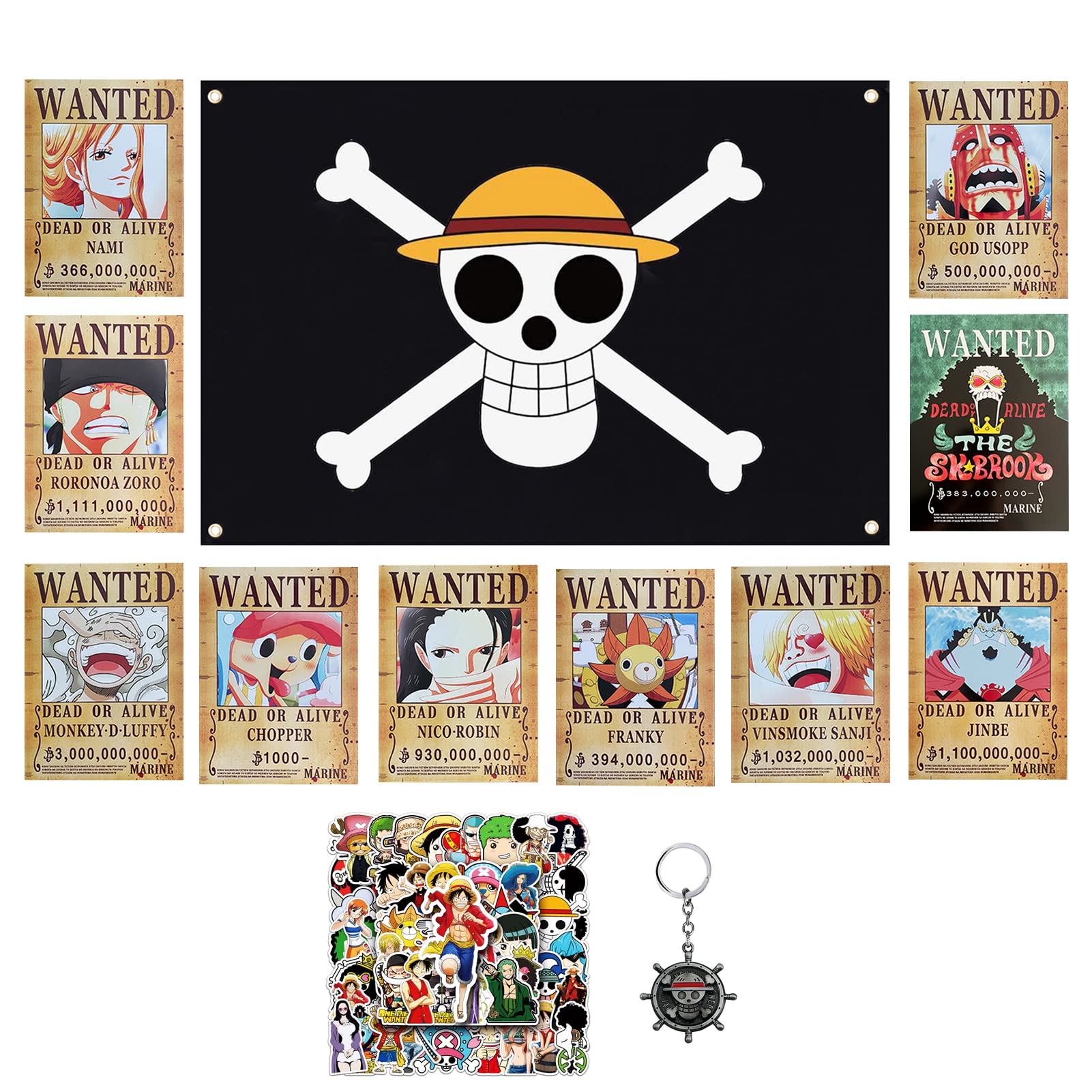 1 Piece Posters & Flag Kit - Edition 3 Billion Straw Hat Wanted Poster 8.3x11.3'' Anime Pirate Bounty with 35.5x23.6'', Stickers, Keychain - Pirates Crew, Multicolor
