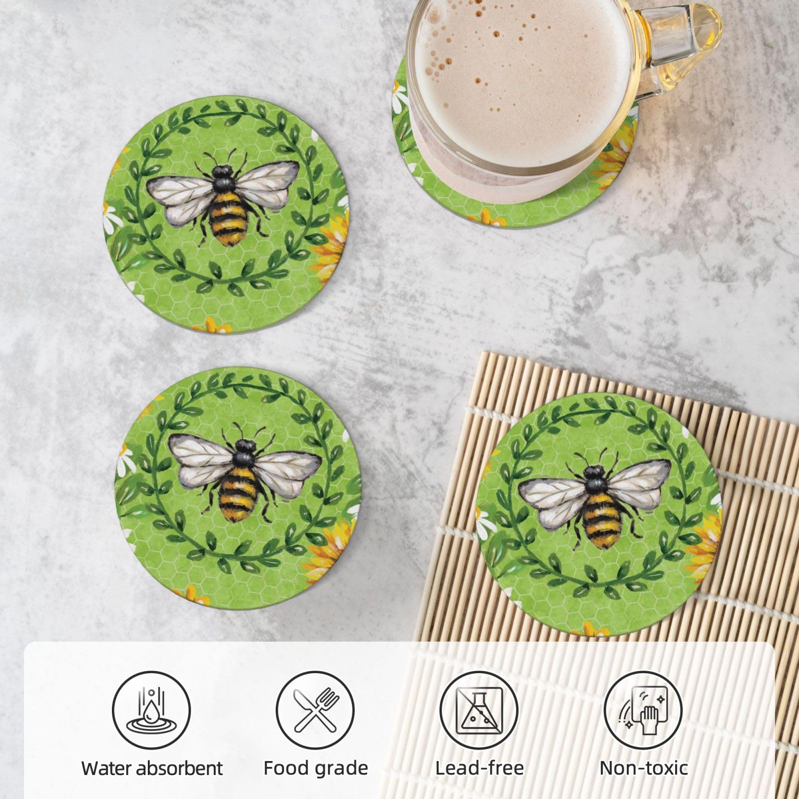 Set di 4 sottobicchieri decorativi in ceramica con stampa di api e girasoli