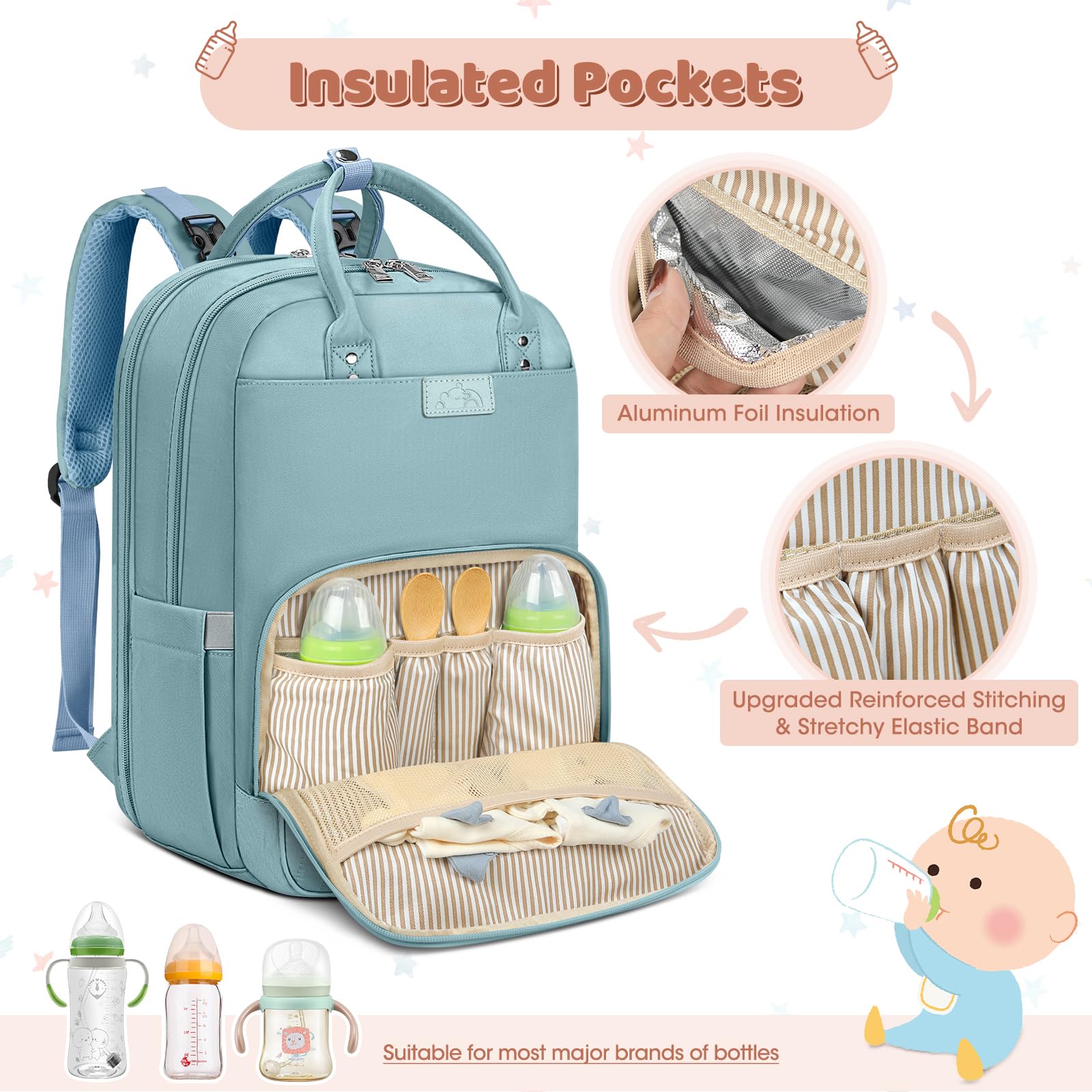 RAINSMORE Mochila Carro Bebe Pañaleras para Bebes Multifuncional Mochila Maternidad con Cambiador Bebe Plegable y Correas de Cochecito Azul