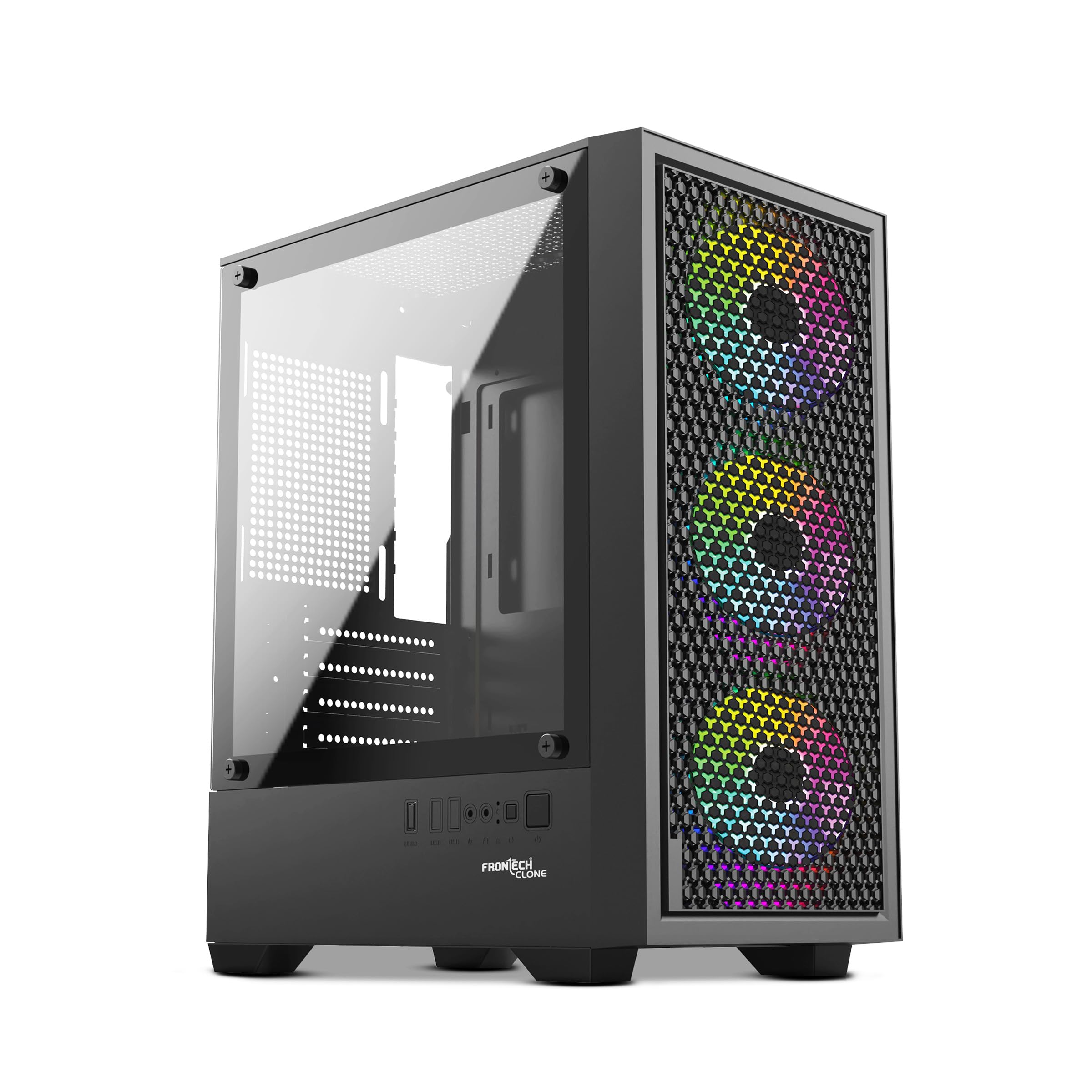 Frontech Full Mesh Gaming PC Case – 3×120 mm LED Fans, Tempered Glass Side Panel, ATX/Micro-ATX/Mini-ITX Compatible, USB 3.0 + USB 2.0 Ports, Washable Dust Filter (FT-4388)
