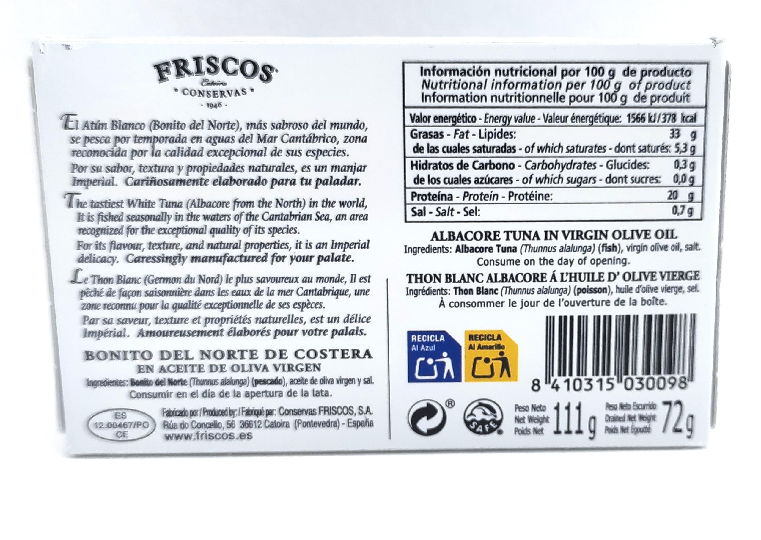FRISCOS Bonito del Norte de Costera en Aceite de Oliva Extra 12 unidades