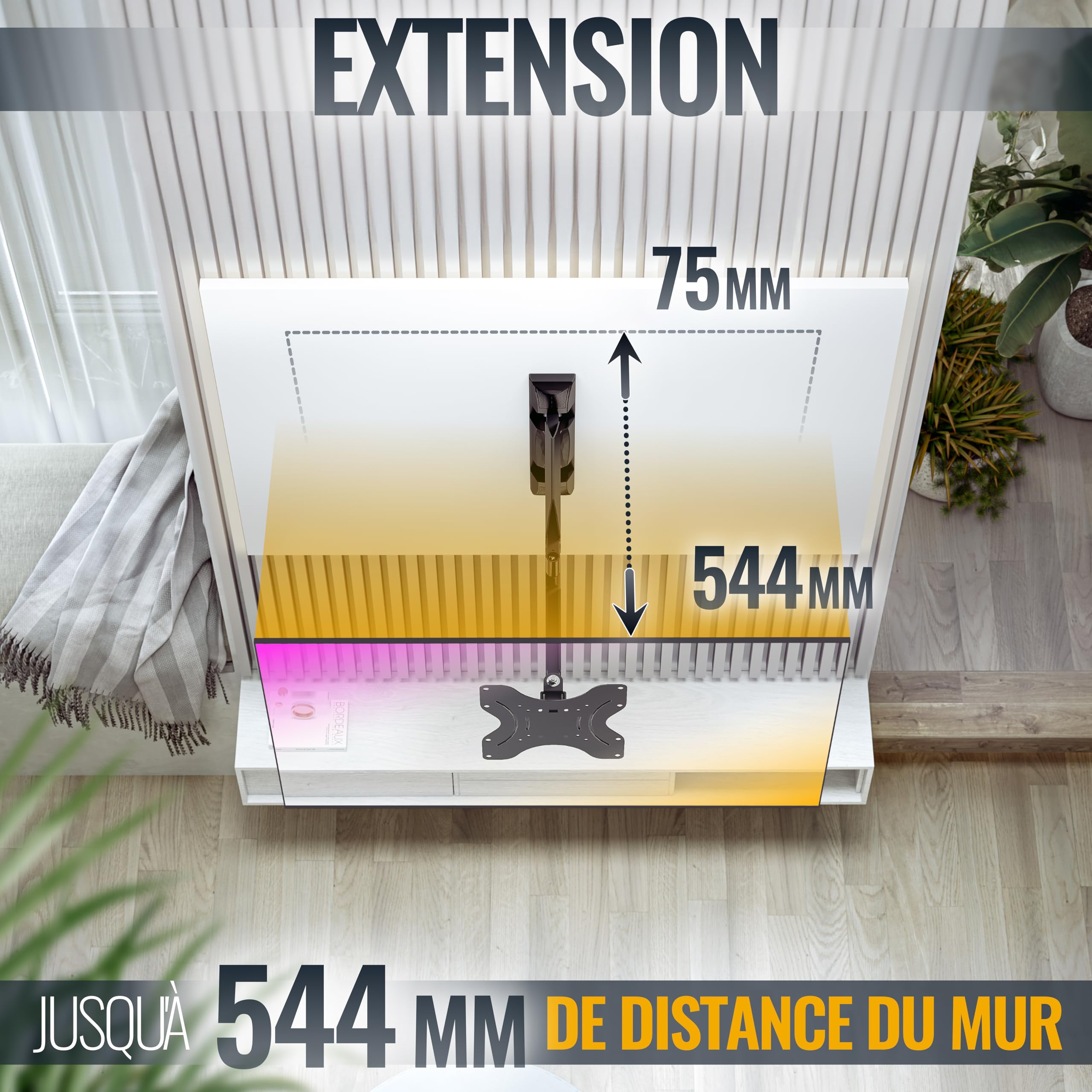 RICOO S0822 Support Mural TV 32 40 42 43 48 50 55 Pouces VESA 75x75 100x100 200x100 200x200 Orientable Inclinable Rotatif Universel Fixation Murale TV QLED OLED LED LCD Écran incurvé