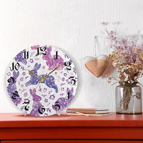 Miniatura 6 de ZOEO Reloj de pared redondo de 10 pulgadas, silencioso, sin tictac, reloj de pared con conejito morado, funciona con pilas, para decoración de sala
