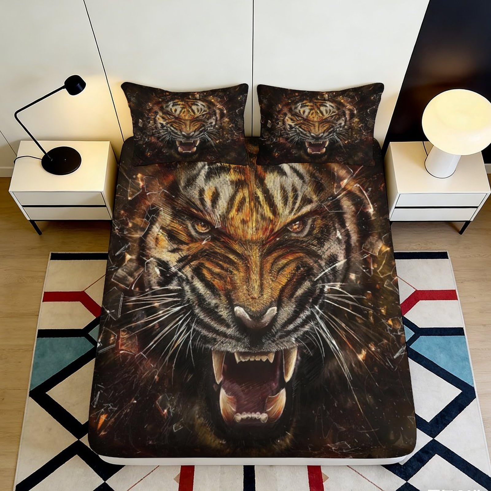 3D Printed Fierce Tiger Fitted Sheet Microfiber Durable Soft Breathable Roaring Tiger Bed Sheet for Bedroom Dormitory Mattress Cover Protection 140x200x25cm