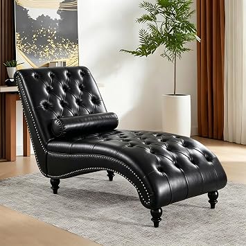 Faux Leather Chaise Lounge Chair Indoor, Button-Tufted Upholstered Chaise Lounge Sofa Couch with Lumbar Pillow for Living Room, Modern Leisure Accent Recliner Sleep Sofa Chair with Tapered Legs