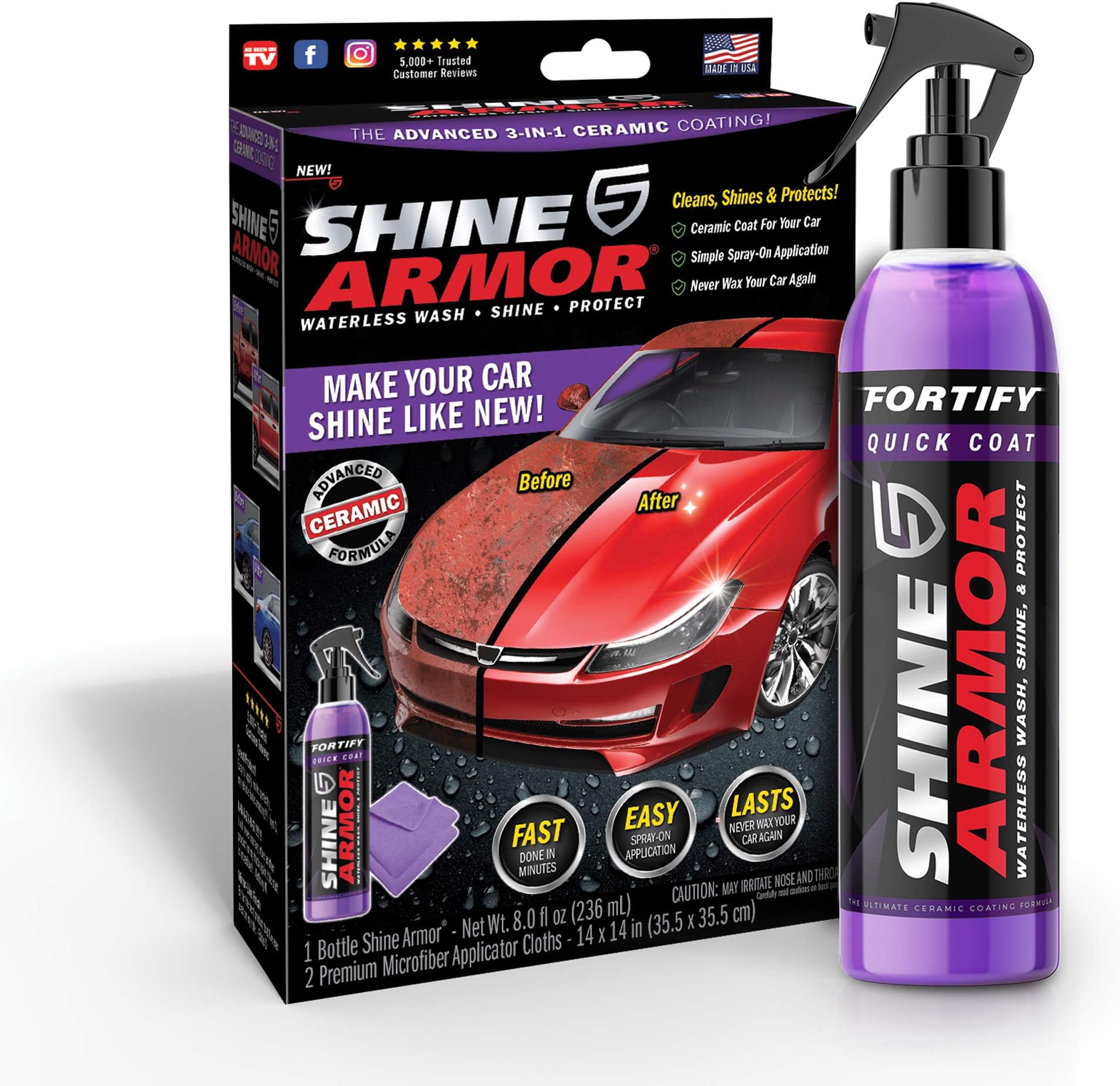 Fortify Quick Coat High Performance Ceramic Coating, Car Wax Spray, Hydrophobic Top Coat Polish and Polymer Paint Sealant Protection for Vehicle Leather Seat, Tires, Bumpers, Rims Made in