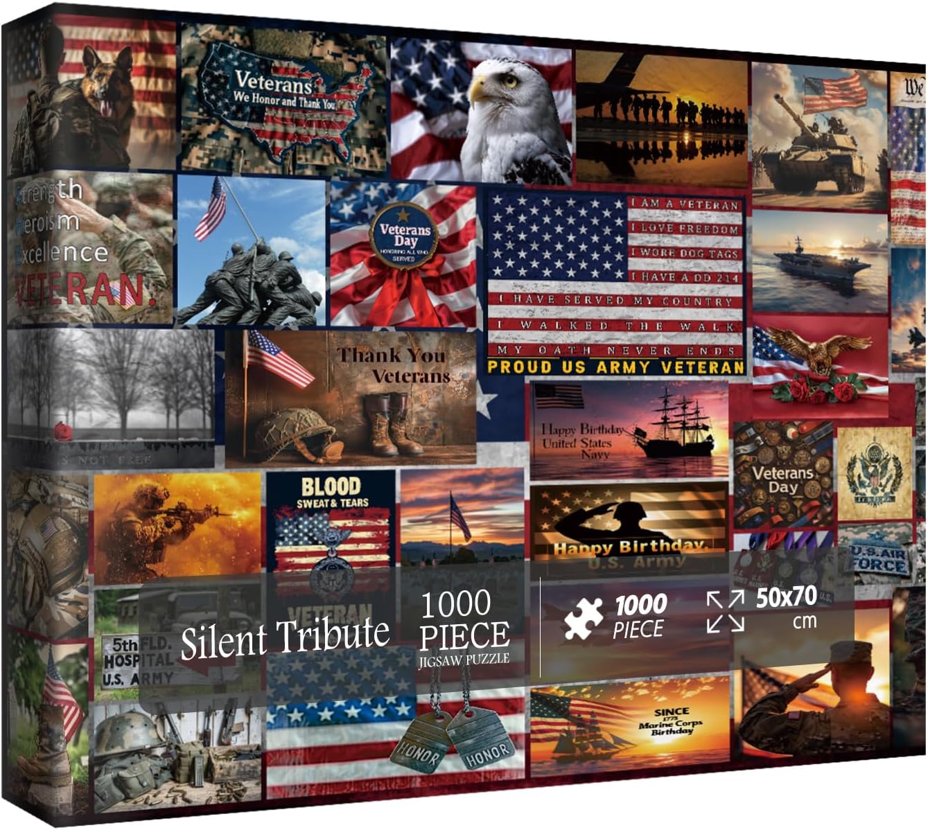American Flag Patriotic Puzzles for Adults 1000 Pieces Art, Vintage USA Army Military Collage Jigsaw Puzzles, Bird Dog Owl Landscape Sunset Puzzle