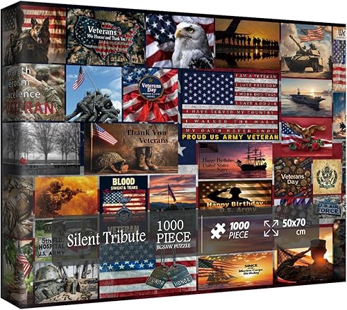 Rompecabezas patrióticos de bandera estadounidense para adultos, 1000 piezas de arte, rompecabezas vintage de collage militar del ejército de EE.