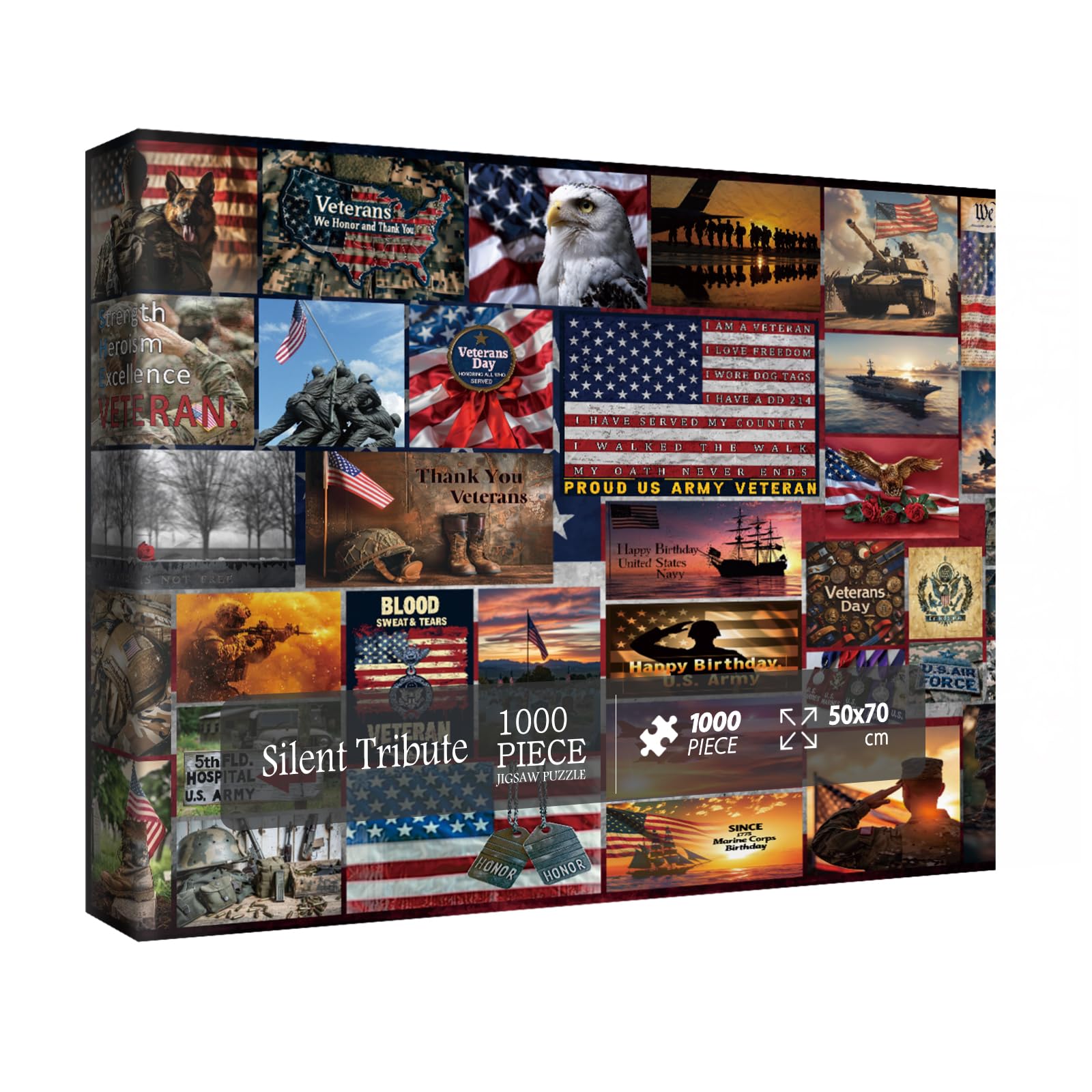 American Flag Patriotic Puzzles for Adults 1000 Pieces Art, Vintage USA Army Military Collage Jigsaw Puzzles, Bird Dog Owl Landscape Sunset Puzzle