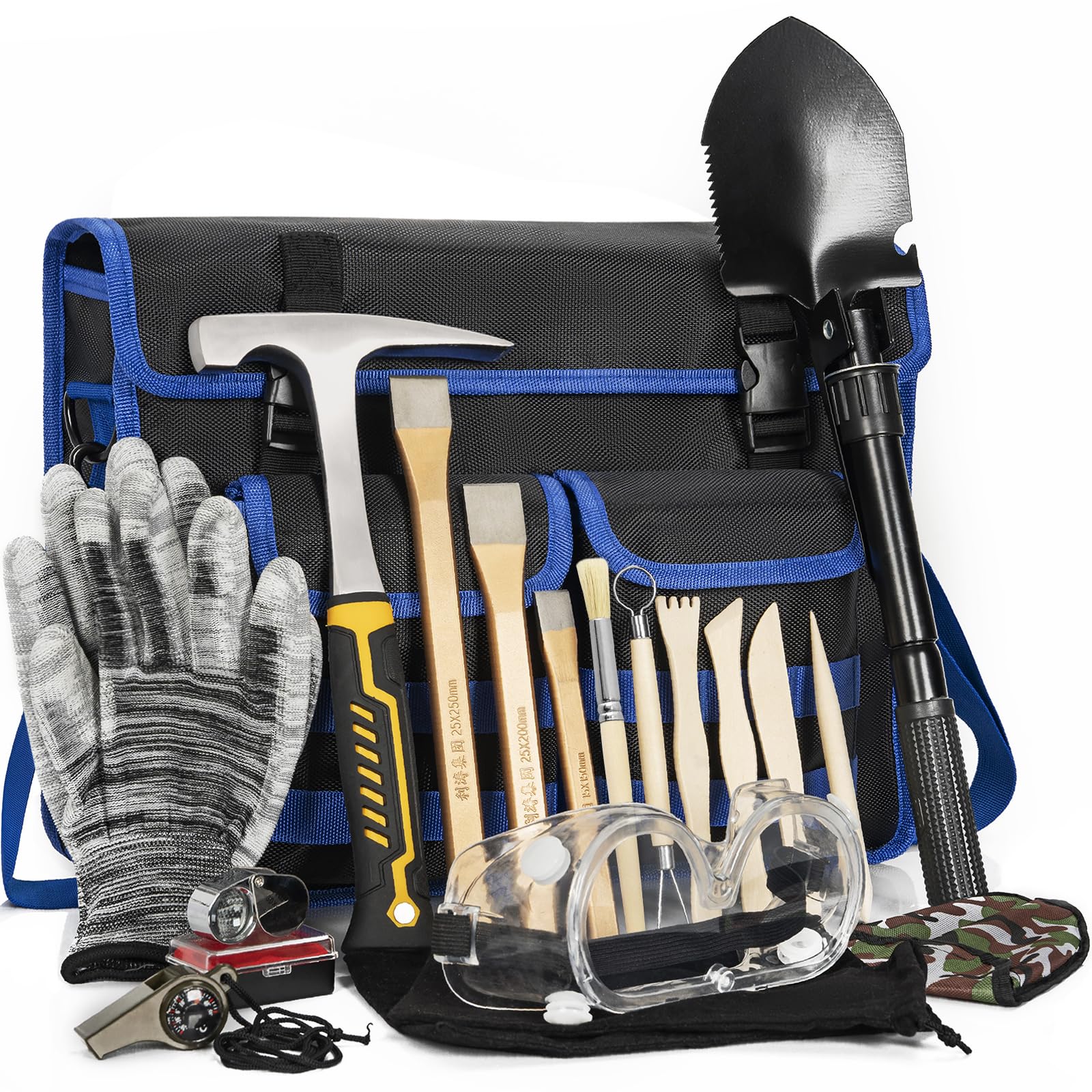 17PCS Geology Rock Pick Hammer Kit, Gold Mining & Prospecting Equipment Tool, including 32oz Hammer & 3 PCS Digging Chisels Set, Shovel, Wooden Chisel, magnifying glass, Whistle, goggles