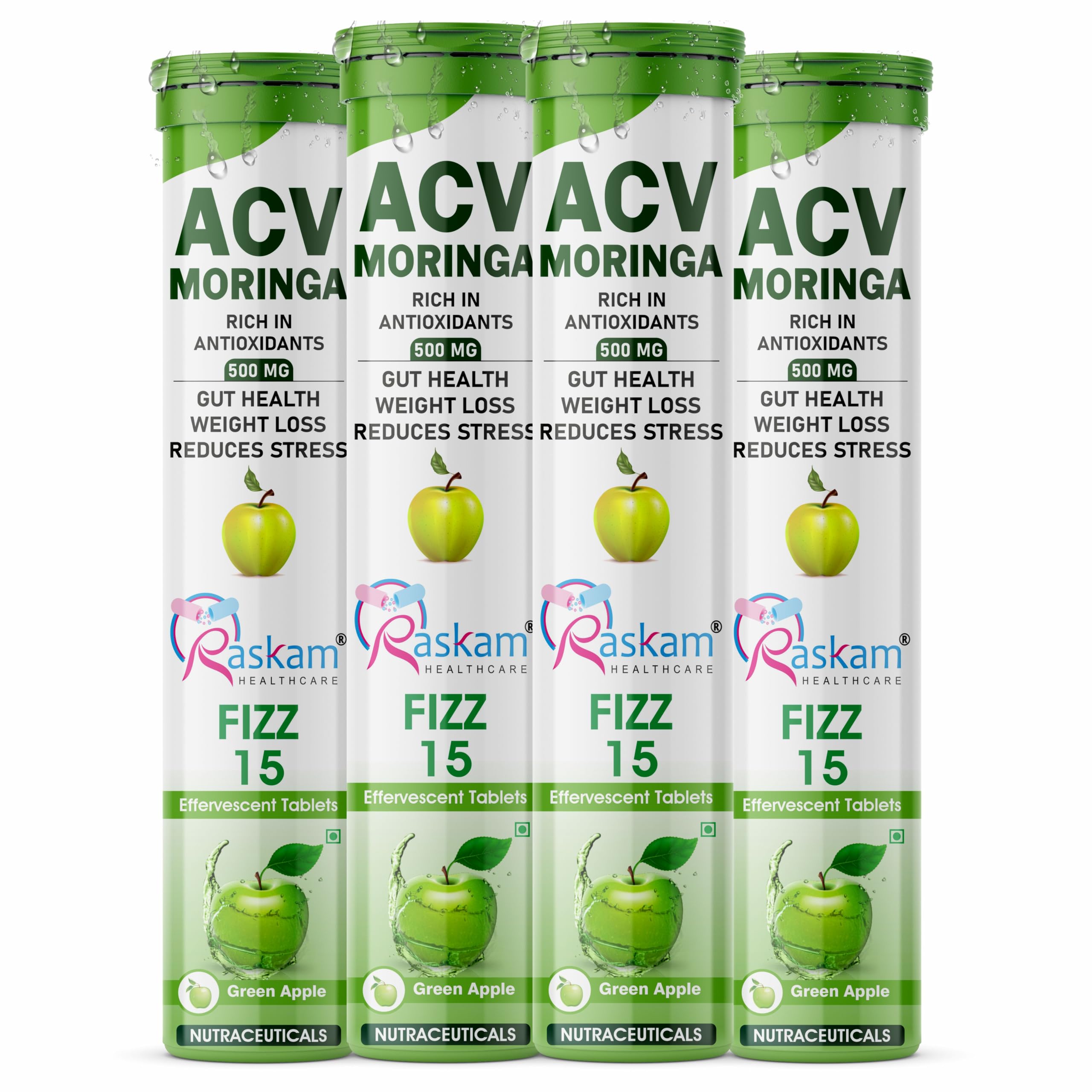 ACV Moringa 15 Effervescent Tablets 500mg Apple Cider Vinegar With No Added Sugar For Gut Health | Weight Loss | (Pack of 4 Green Apple)