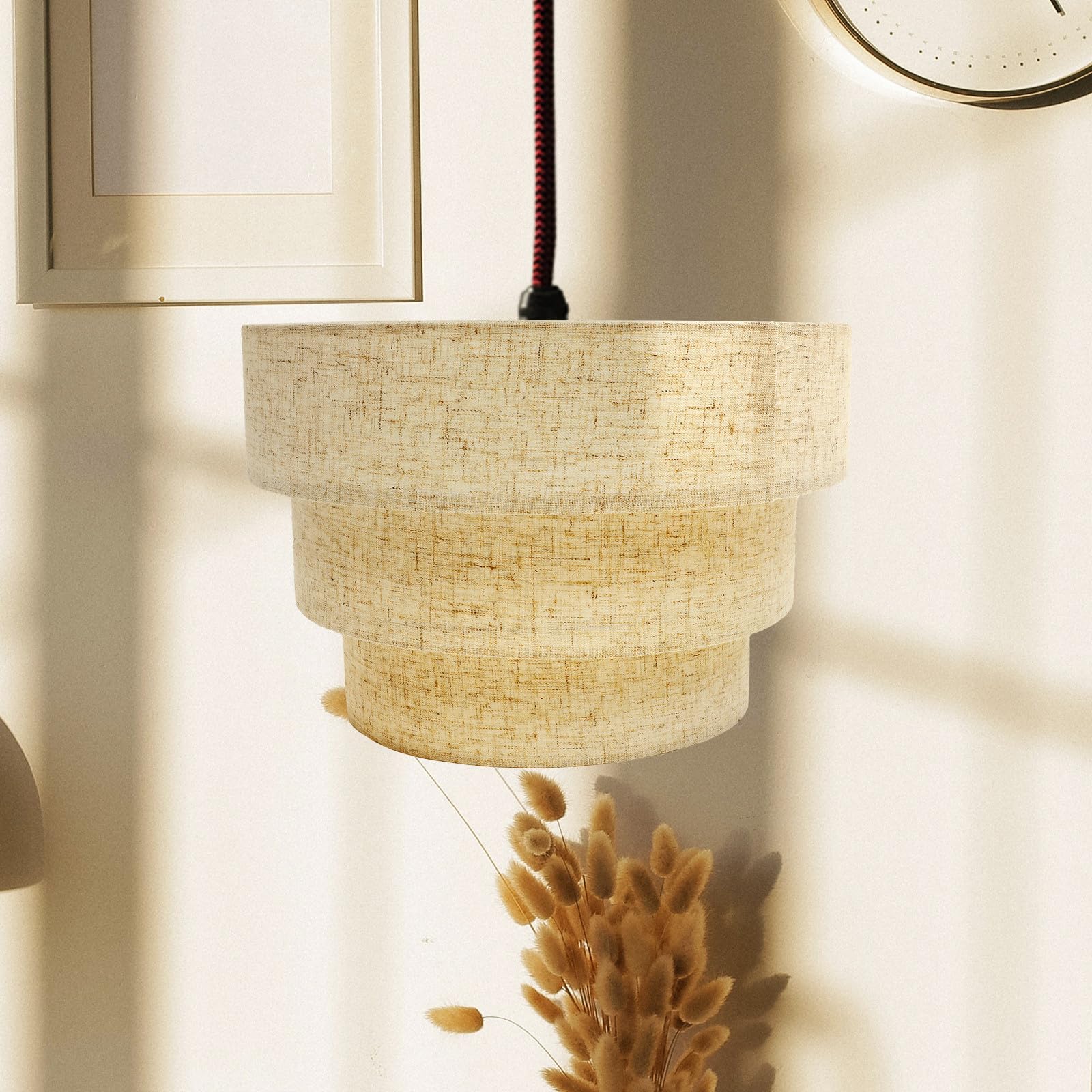 Abat-jour Rond en Lin Beige à 3 Niveaux pour Lampe de Sol Suspendre, Design Moderne et Vintage, Protection des Yeux et Haute Performance