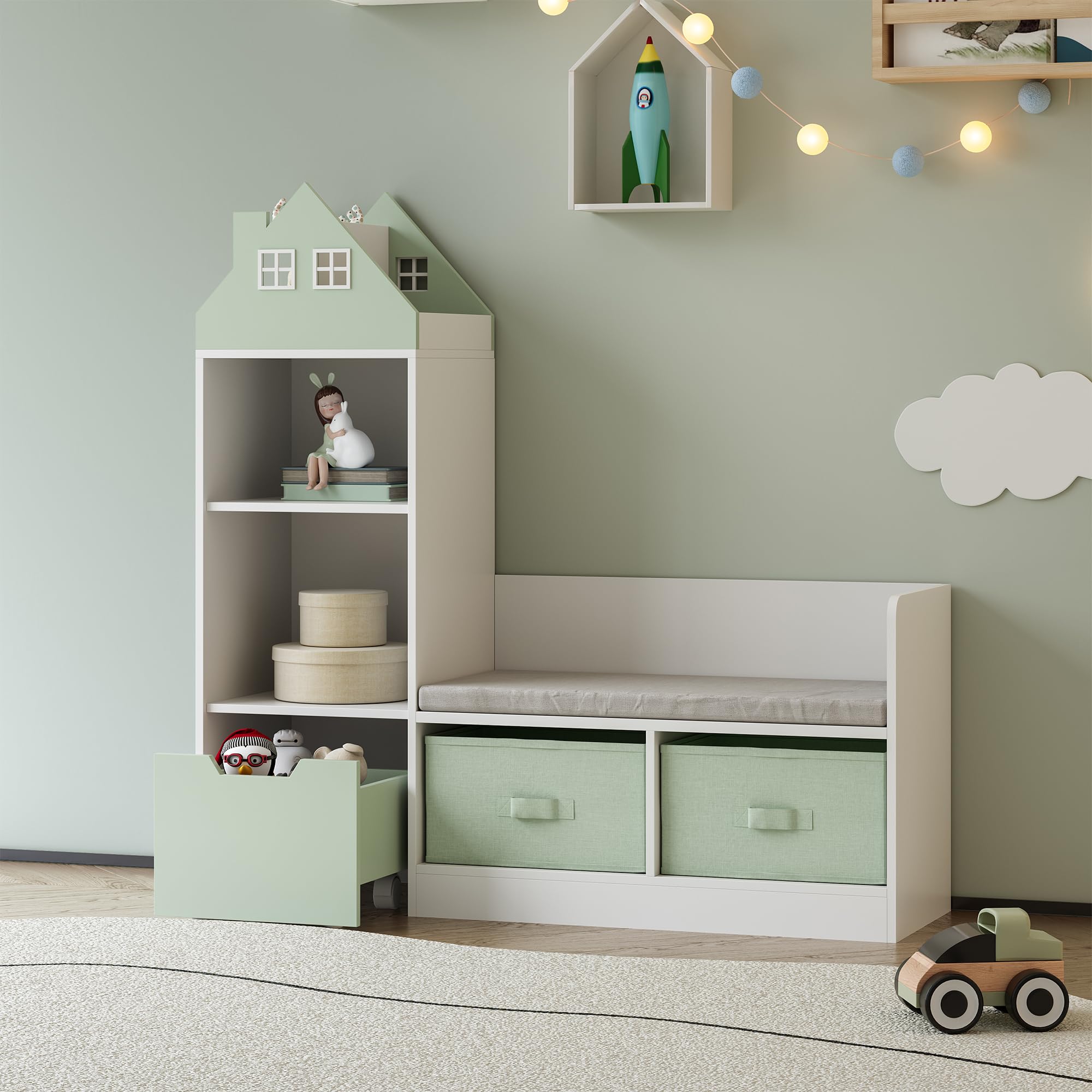 en.casa] Kindersitzbank mit Regal Vipsali Sitzbank mit Stauraum Hausoptik Kinderregal mit 2 Aufbewahrungsboxen Kinderzimmer 100 x 99 x 30 cm Schuhbank mit Sitzfläche Mintgrün/Weiß Baby