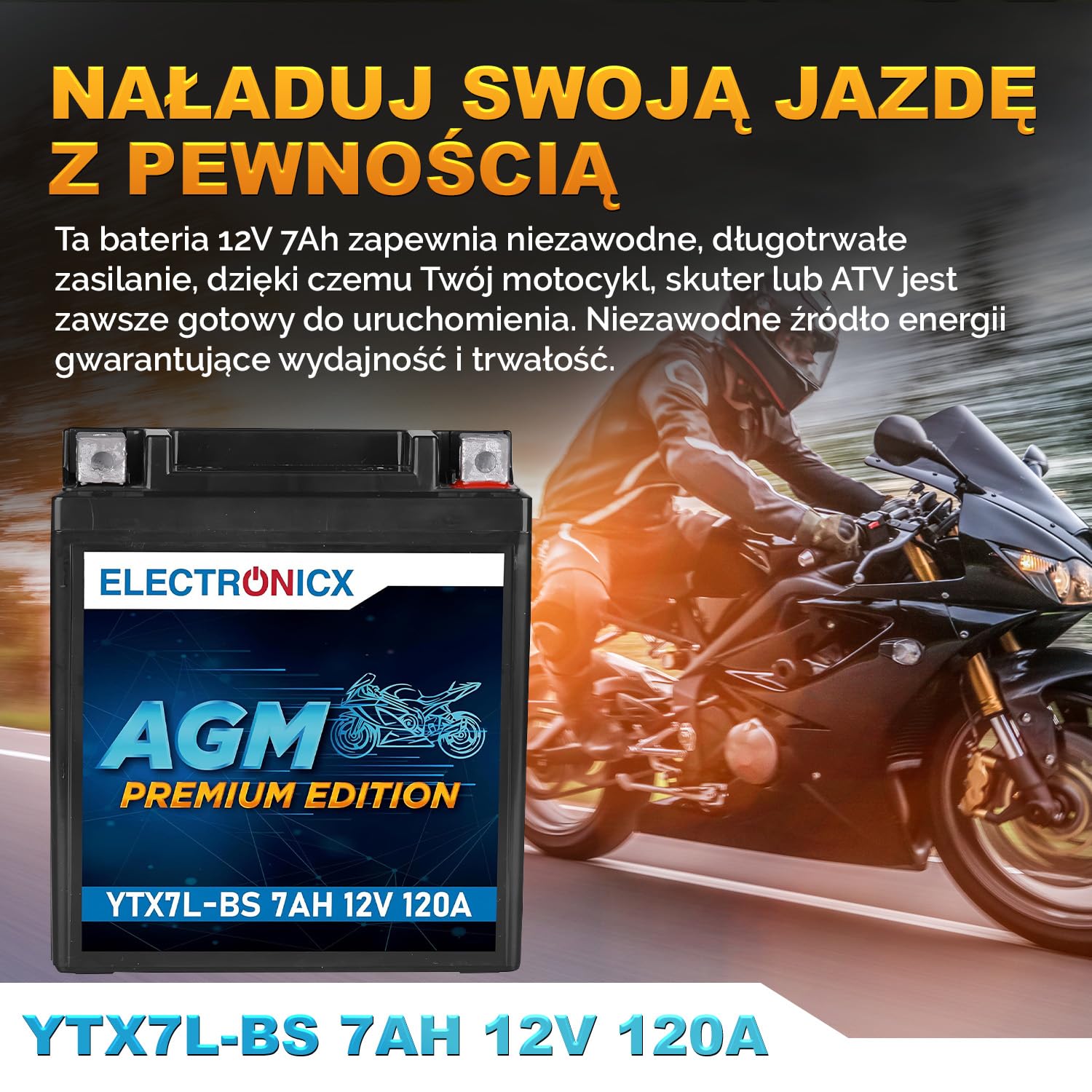 Electronicx AGM akumulator motocyklowy YTX7L-BS 12V 7Ah 120A – bezobsługowy, szczelny, kompaktowy, odporny na wibracje i wycieki – do skutera, quada i motocykla – Wymiary:113x70x128mm.