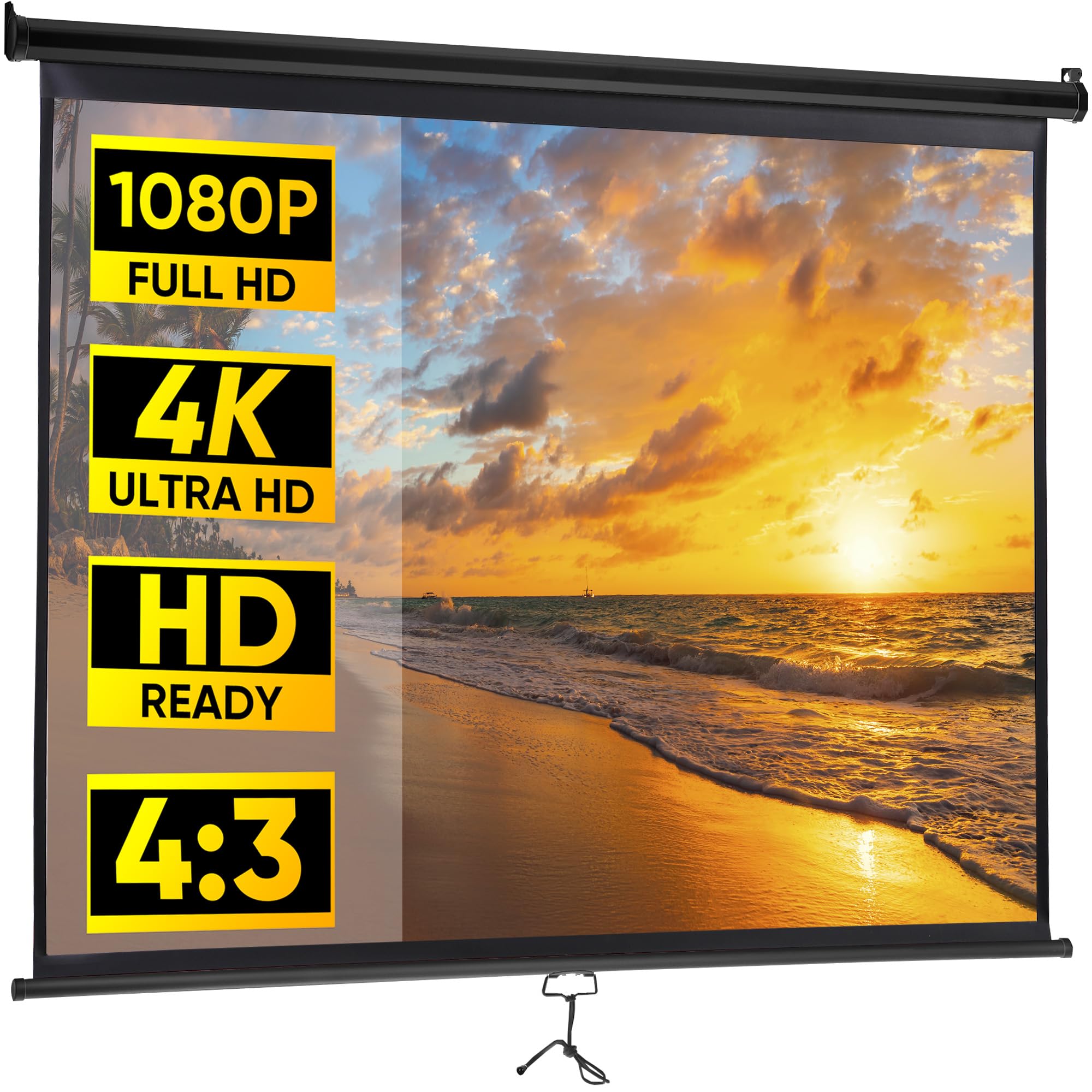 72" HD 4:3 Manual Projector Screen 1.1 Format with Auto Lock Anti-Crease Home Theater Office Wall Mounted Ceiling Pull Down Projection 1.1 Gain Matte Black, View Size: 57 x 43 inches