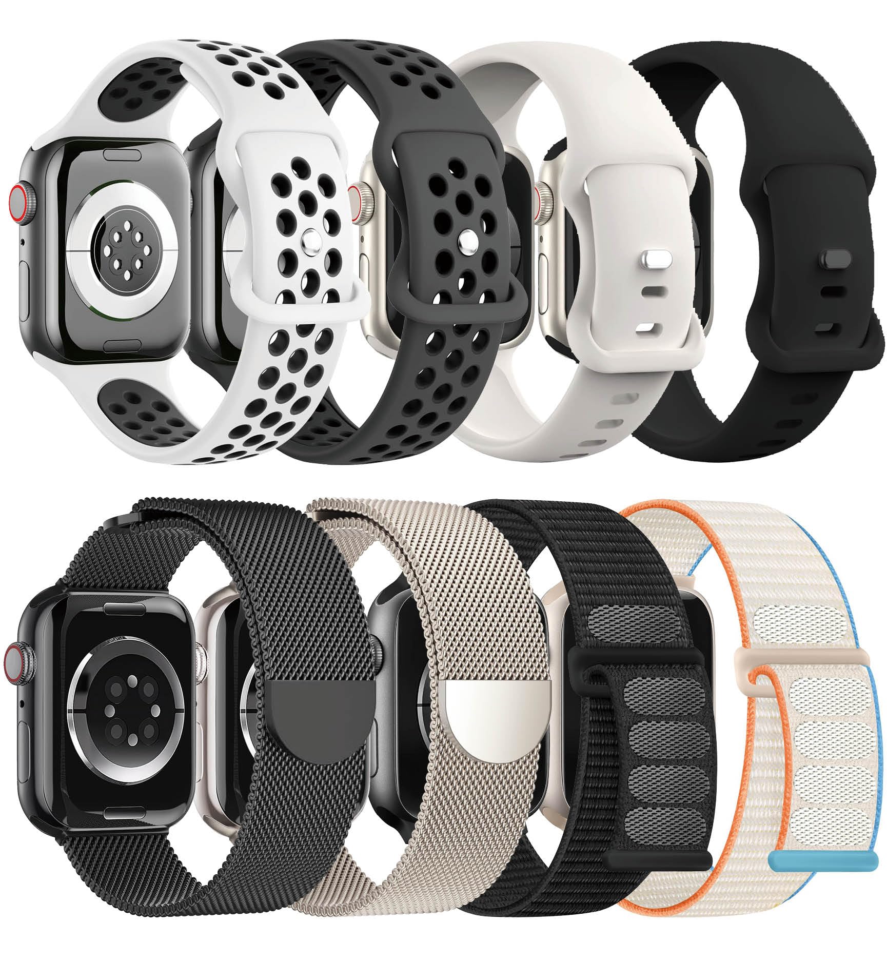 8 Pack Compatible with Apple Watch Band 42mm 40mm 41mm 38mm for Women Men,Breathable Sport+Milanese Loop+Nylon Sport loop Band for iWatch Series 11/10