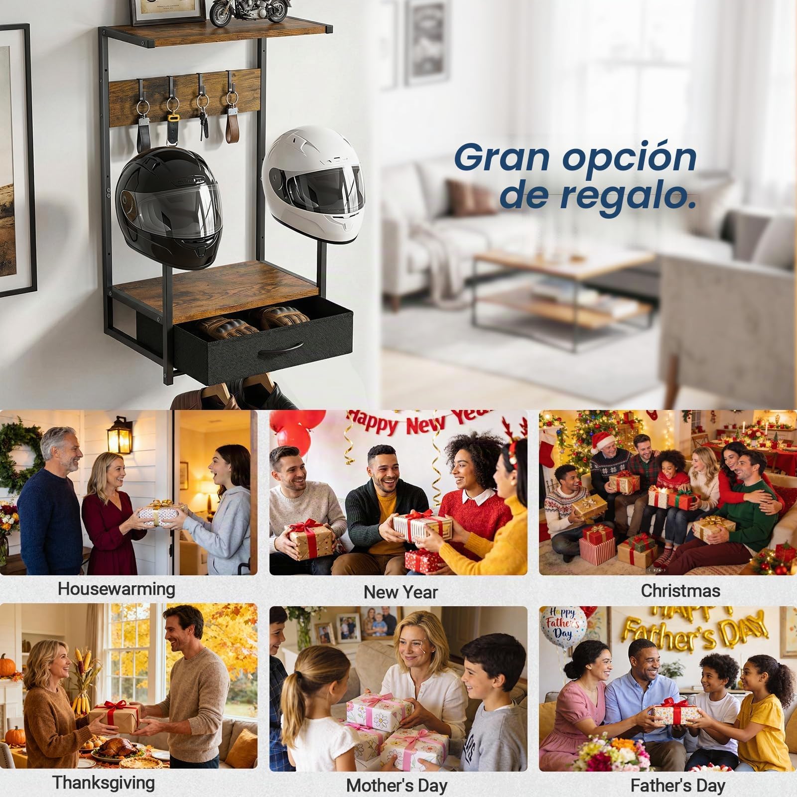 Housolution Soporte de Pared para Casco de Moto con Cajón de Tela | Portacasco con 4 Espacios para Guantes y 4 Ganchos para Trajes & Accesorios – Stand para Motos, Baseballs y Cascos de Rugby