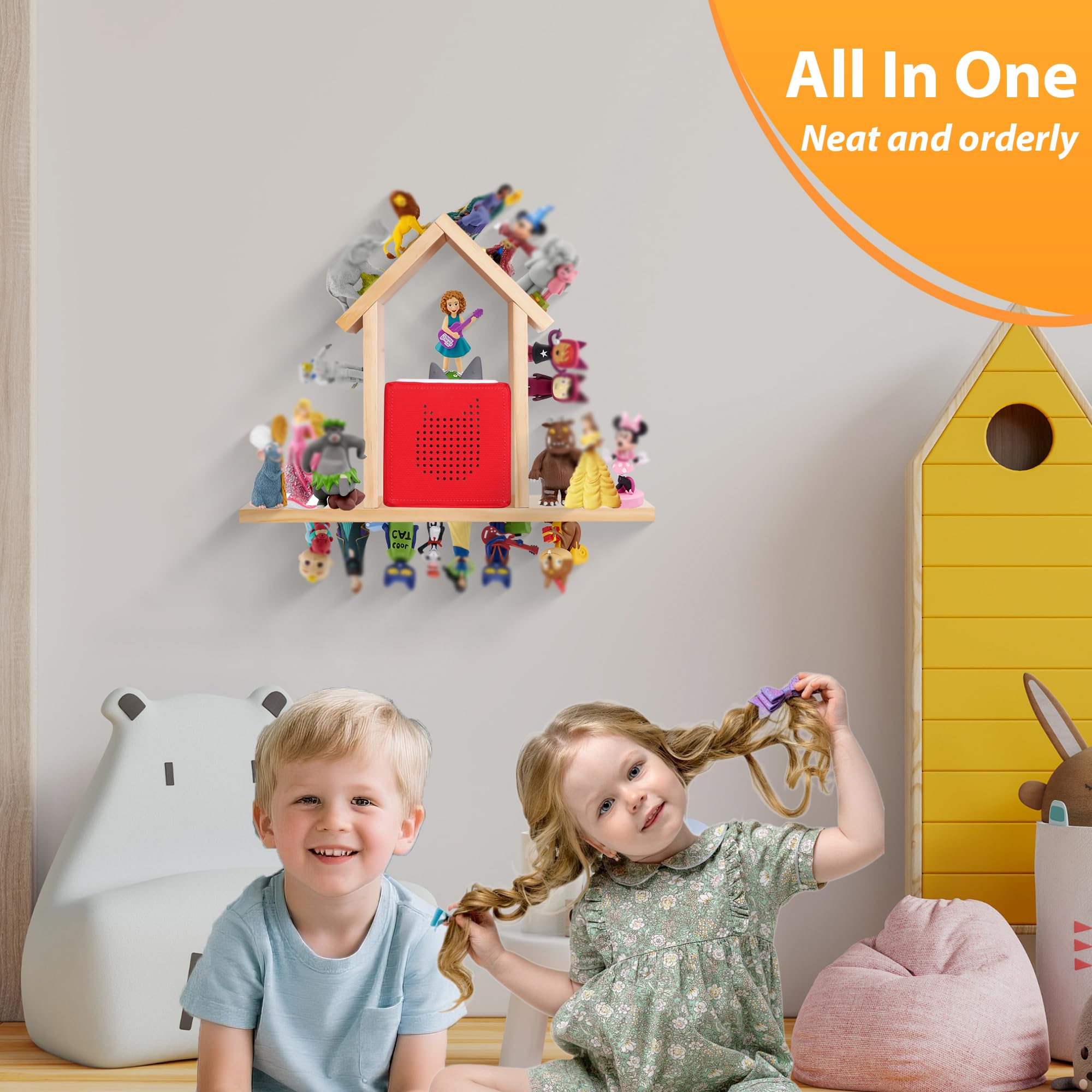 For Tonies Figures Shelf Magnetic,for Toniebox Characters Wall Shelves,for Tonie Audio Toy Figurine Storage Organizer Holder,Compatible Charging Station for Kid's Room,Pine Wood House,Large(Natural) - Image 2