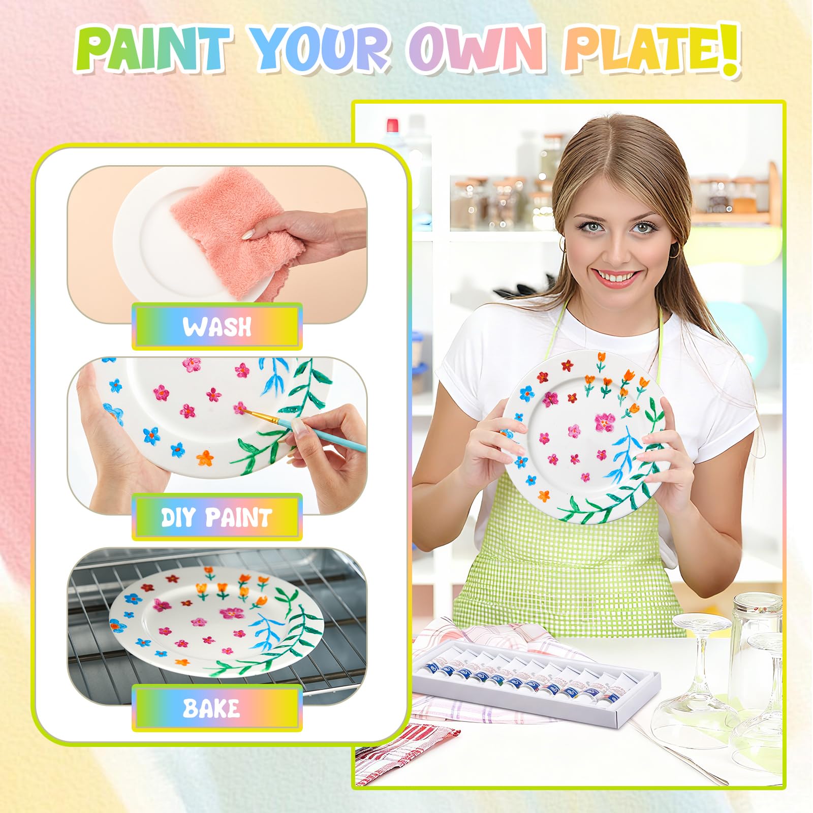 Sinmoe Kit per Dipingere Piatti in Ceramica Include 4 Piatti in Porcellana 3 Pennelli e 12 Colori Acrilici e 1 Scatola Regalo e 1 Tavolozza da Dipingere(8 Pollici,Lusso Moderno,4 Pezzi)