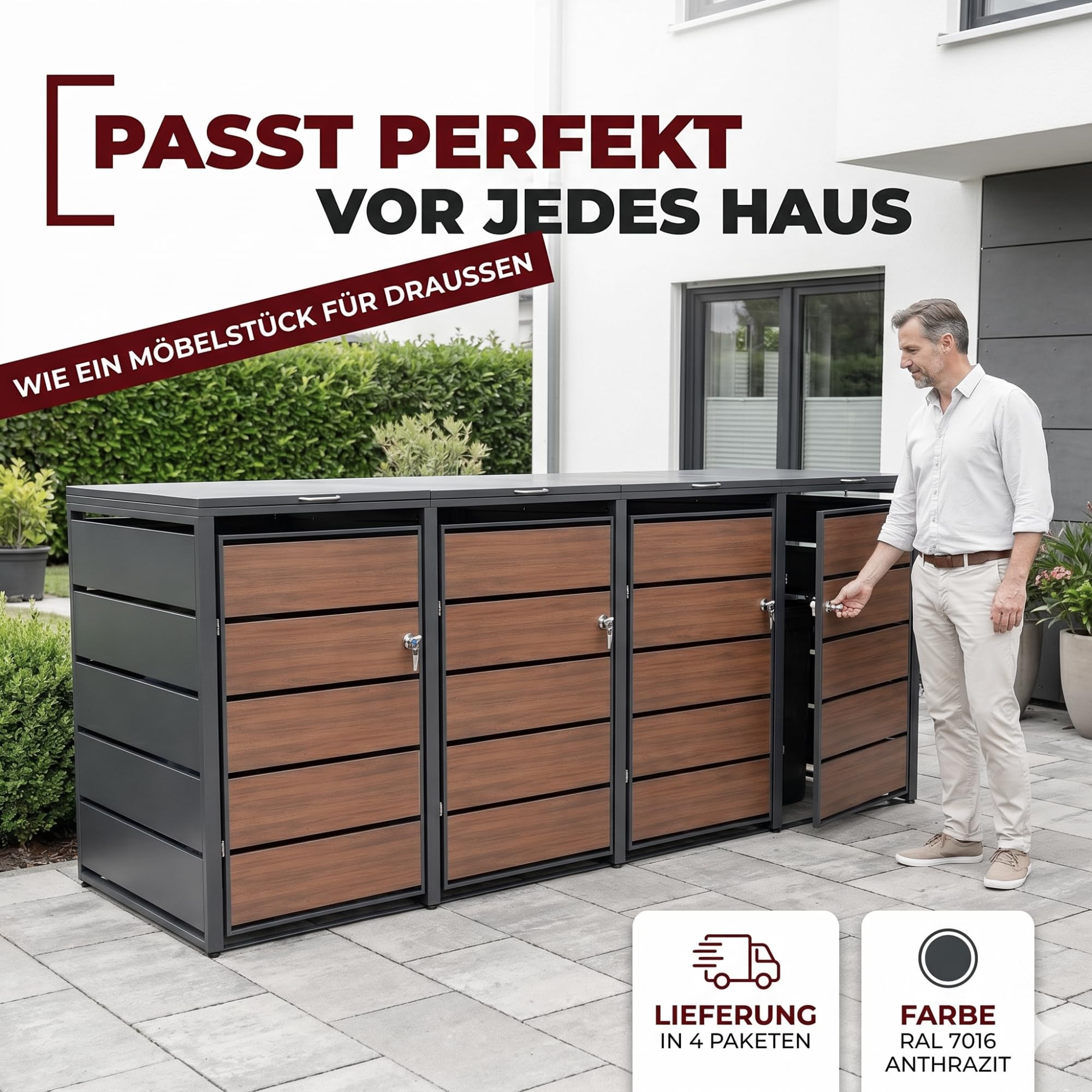 ALBATROS Mülltonnenbox 4er Holzdekor, 120L bis 240L, für Vier Tonnen, Mülltonnenverkleidung aus verzinktem Metall mit Holzoptik, abschließbar, wetterfest, geprüft nach ISO9227, mit Aufkleber Set