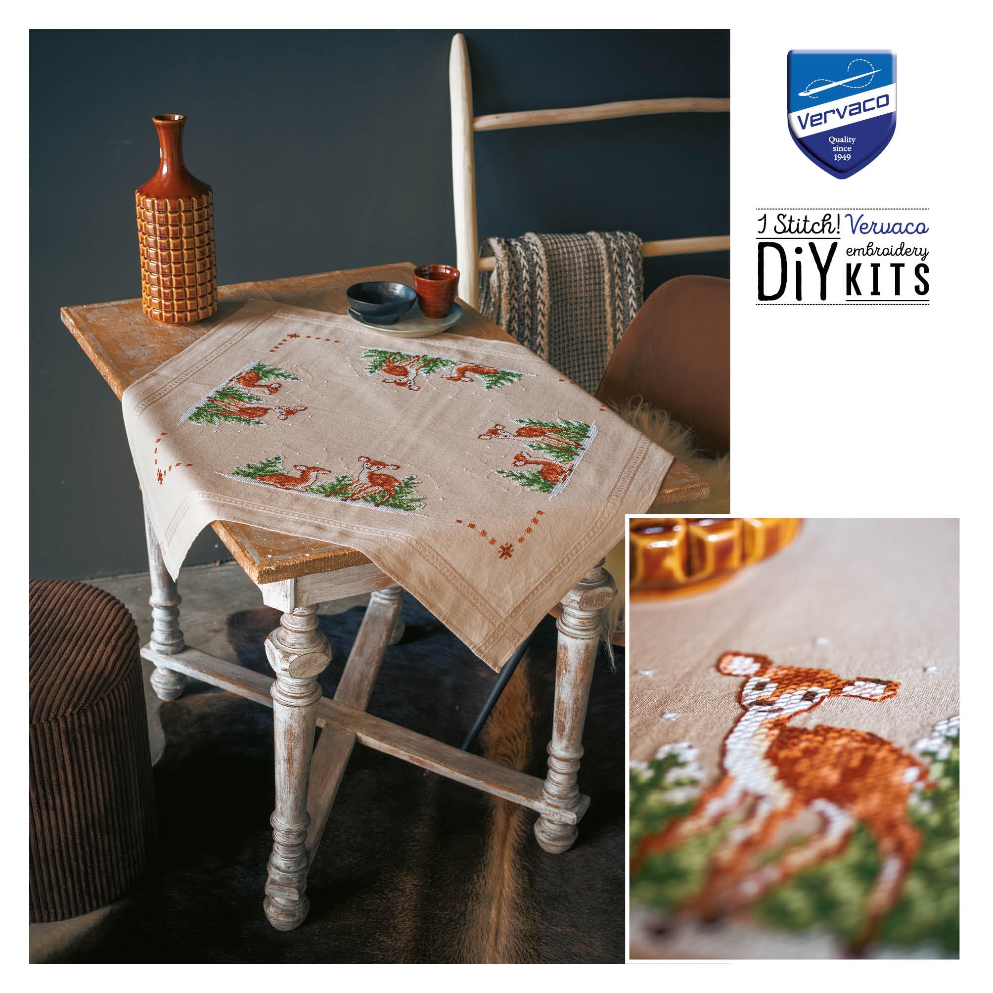 Vervaco Ricamo Punto Croce Kit Prestampato Tovaglie CERVO Biancheria Da Tavola Set Fai Da Te Creativo 80 x 80 cm Kit Hobby Creativi Adulti Casa Decor Cross Stitch Embroidery