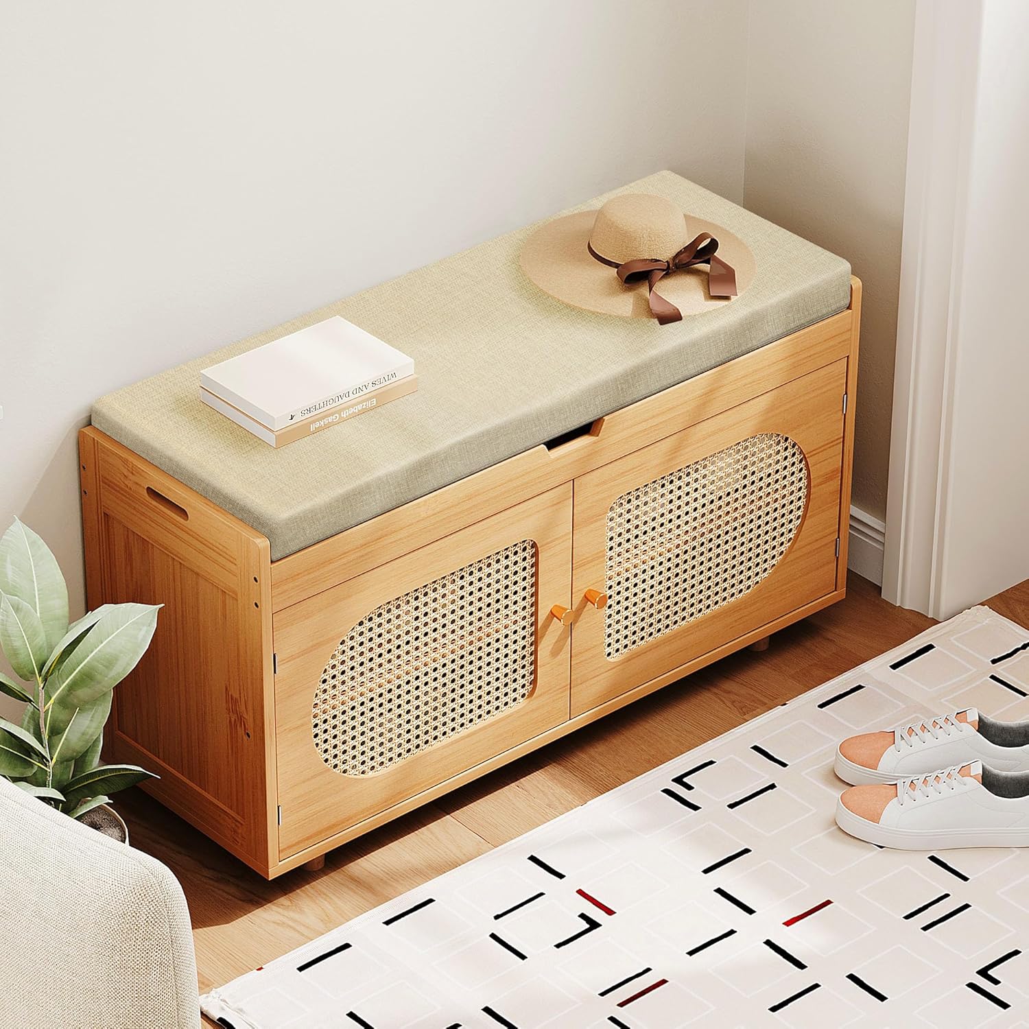 Rattan Shoe Storage Bench, 35.4" Bamboo Entryway Bench, 2-Tier Shoe Rack with 2 Doors & Padded Seat Cushion for Entryway, Living Room, Bedroom