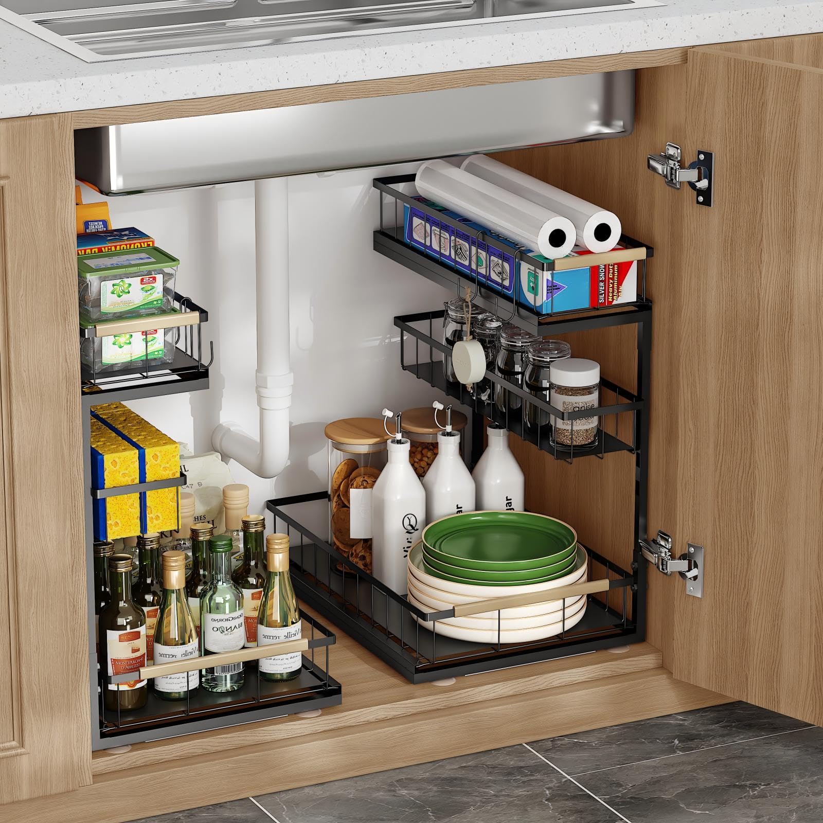 Fantasnight Kitchen Under Sink Storage Organiser - 3 Tier Metal Undersink Organisation for Cupboard - 2 Pack White