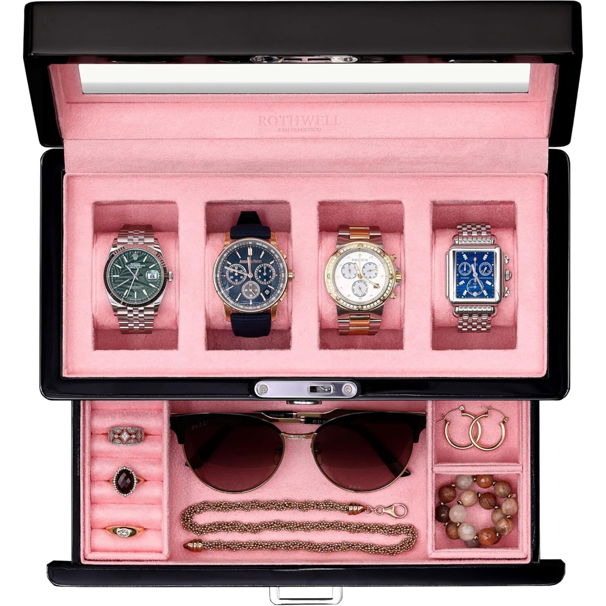 ROTHWELL 4-Slot Piano Black Watch Box with Valet Drawer - Premium Jewelry Display Case Organizer with Locking Glass Top and Microsuede Liner for Men & Women (Pink Interior)