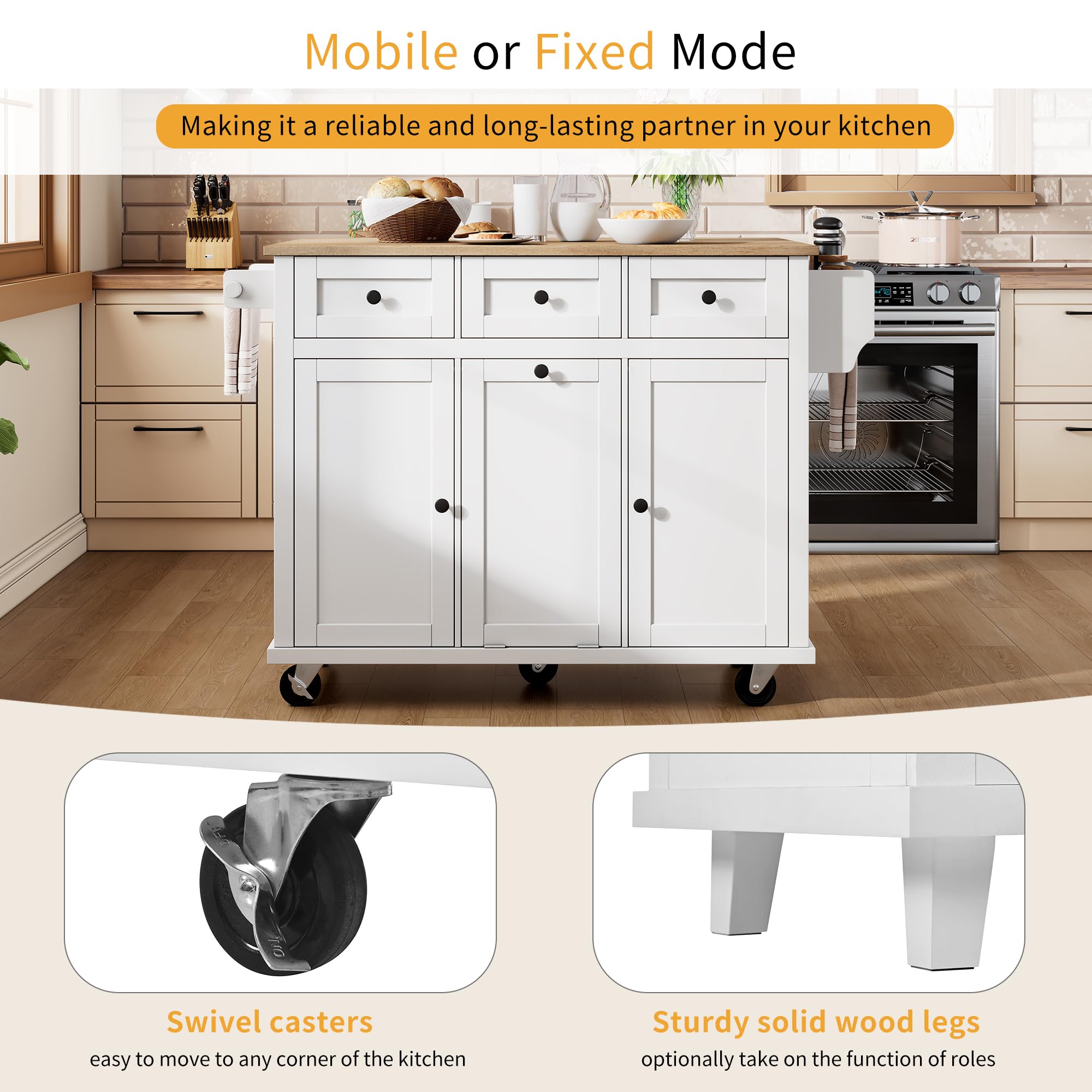 Îlot Central Cuisine sur roulettes, Meuble Cuisine avec Plan de Travail, Meuble Poubelle, Coin Repas Extensible, Tiroirs pour Cuisine et Salle à Manger, Blanc