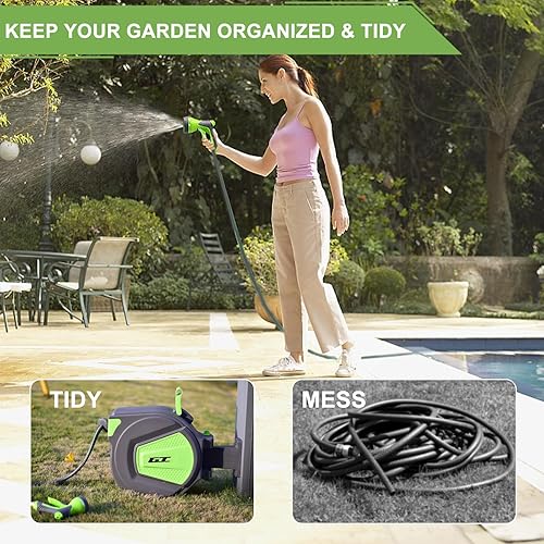 Miniatura 3 de Carrete de manguera de jardín retráctil, carrete de manguera de agua de 12 pulgada x 100 pies, montado en la pared, sistema de rebobinado lento