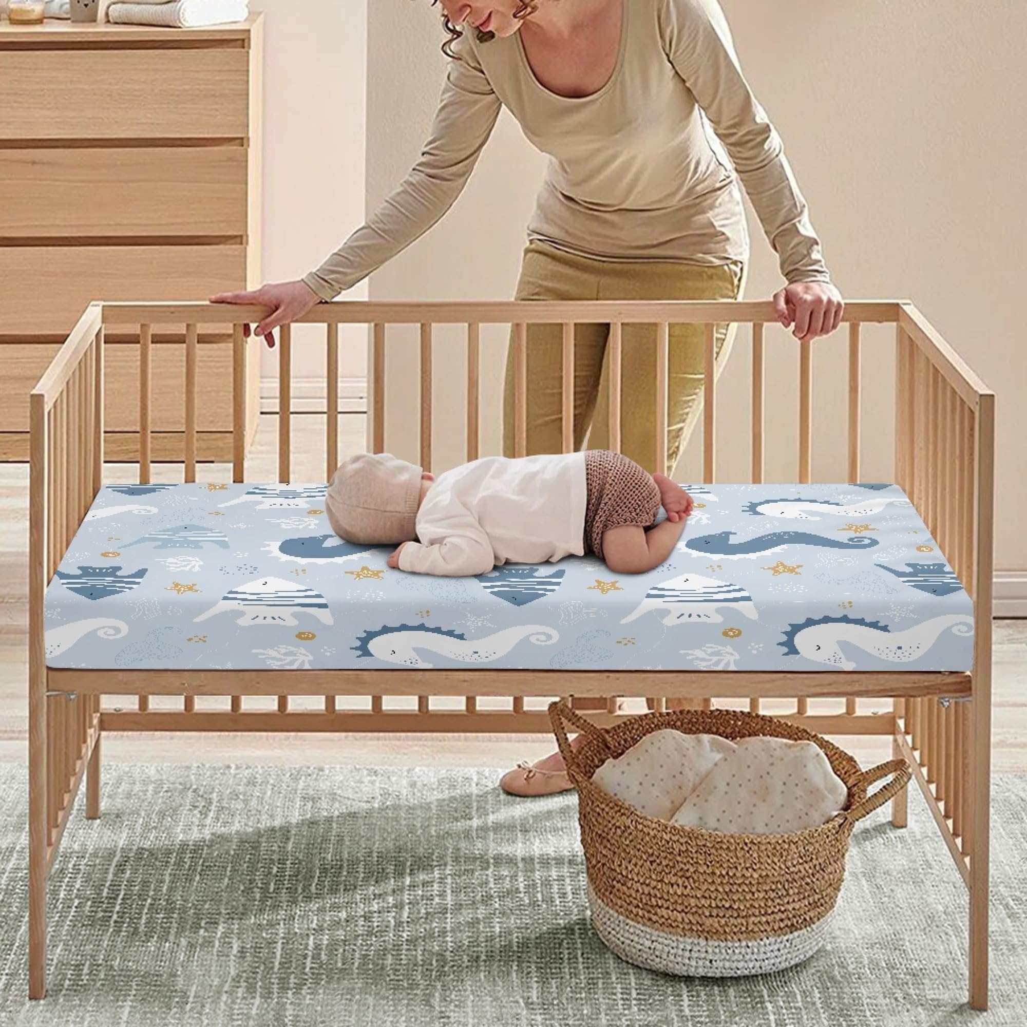 Sábanas para cuna de bebé de animales marinos para niños y niñas, transpirable, suave, sábana bajera ajustable para colchón estándar de niños pequeños, 52 x 28 x 8 pulgadas