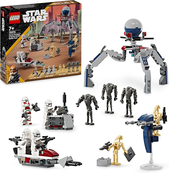 LEGO Star Wars Pack de Combate: Soldado Clon y Droide de Combate, Juguete Infantil, Moto Speeder de Juguete, Figura Tri-Droide y Puesto Defensivo, Regalo para Niños y Niñas de 7 Años o Más 75372