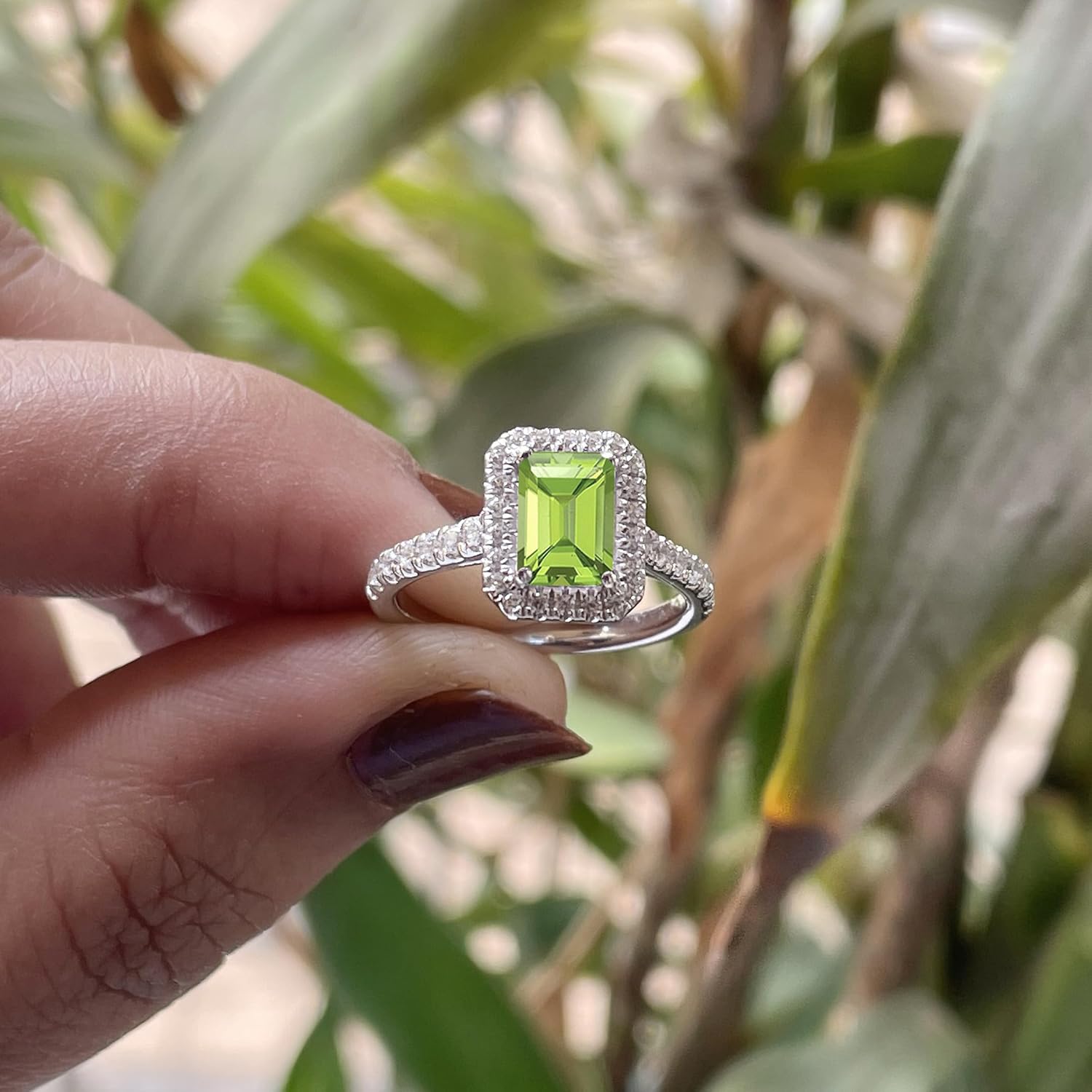 1 Ct. Emerald Cut Green Peridot & White Diamond Halo Engagement Ring For Women, 14K Gold Plated 925 Silver August Birthstone Peridot Bridal Halo Style Side Stone Ring