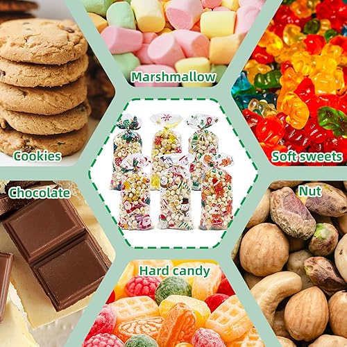 Vista 57 de ONFAON Bolsas de celofán de Navidad, 180 bolsas de regalo de Navidad con 200 giros para aperitivos, galletas, dulces, bolsas de golosinas