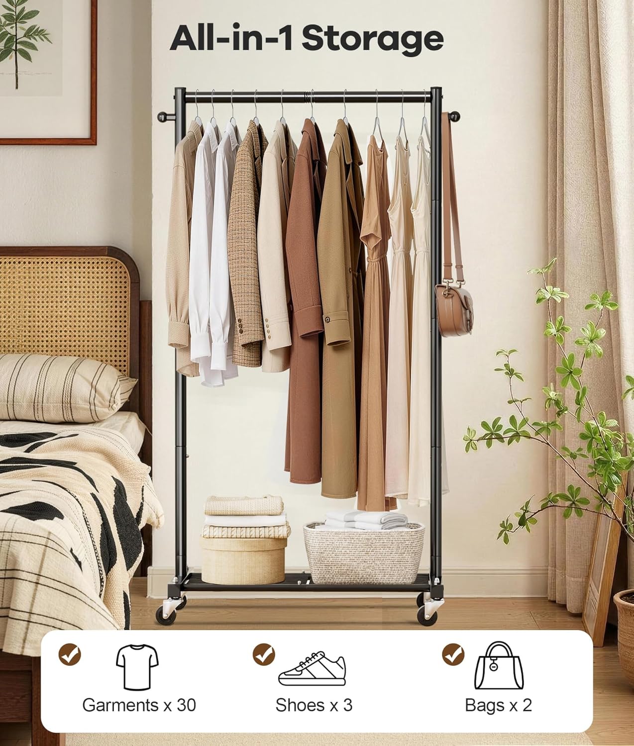 MISSLO Heavy Duty Clothes Racks for Hanging Clothes 25mm Metal Clothing Rack with Shelves for Storage Rolling Garment Rack with Wheels for Bedroom, Laundry, Black, 28" x 15.5" x 60"