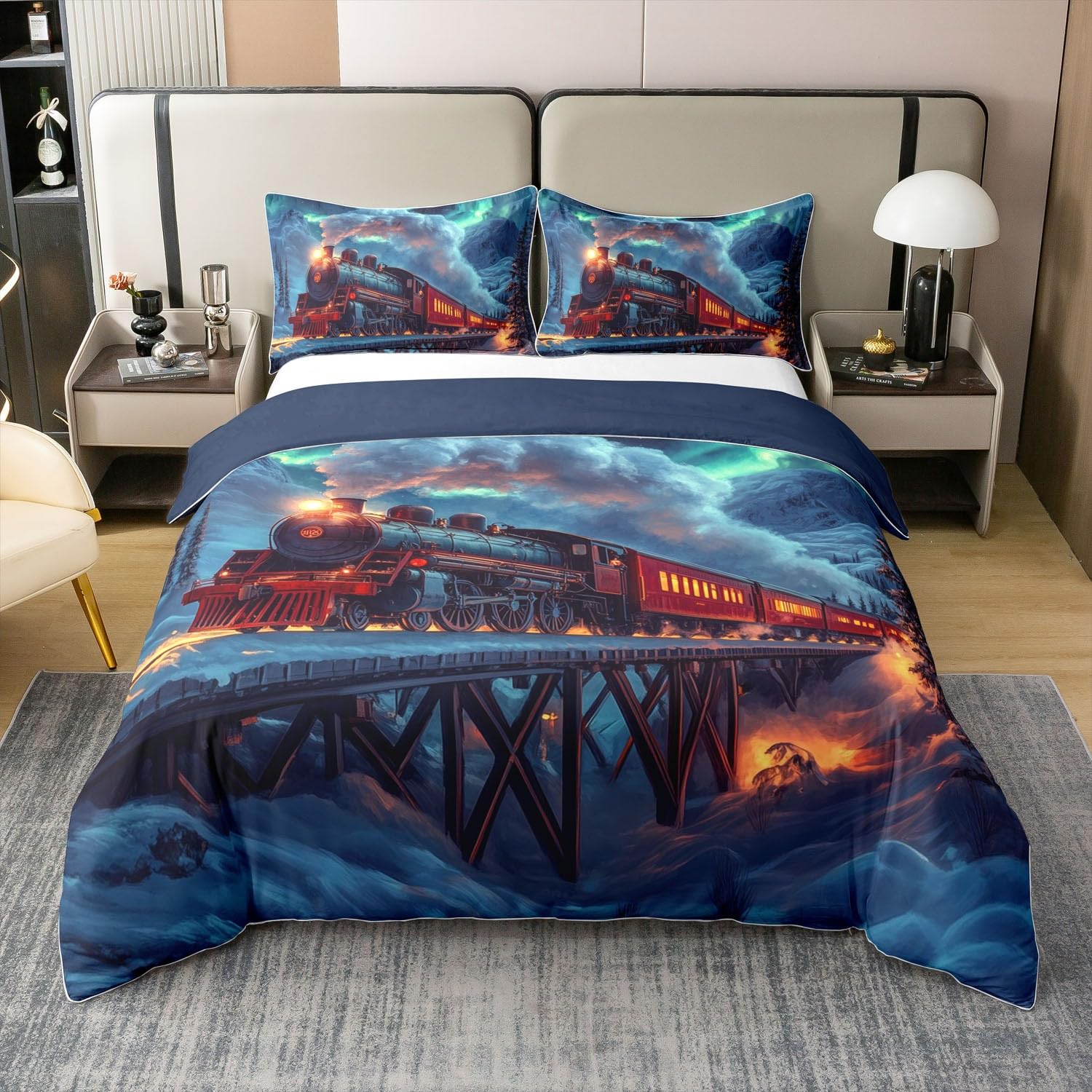 Housse de couette train vintage en coton 155 x 220 cm pour créer une chambre d'enfant thématique