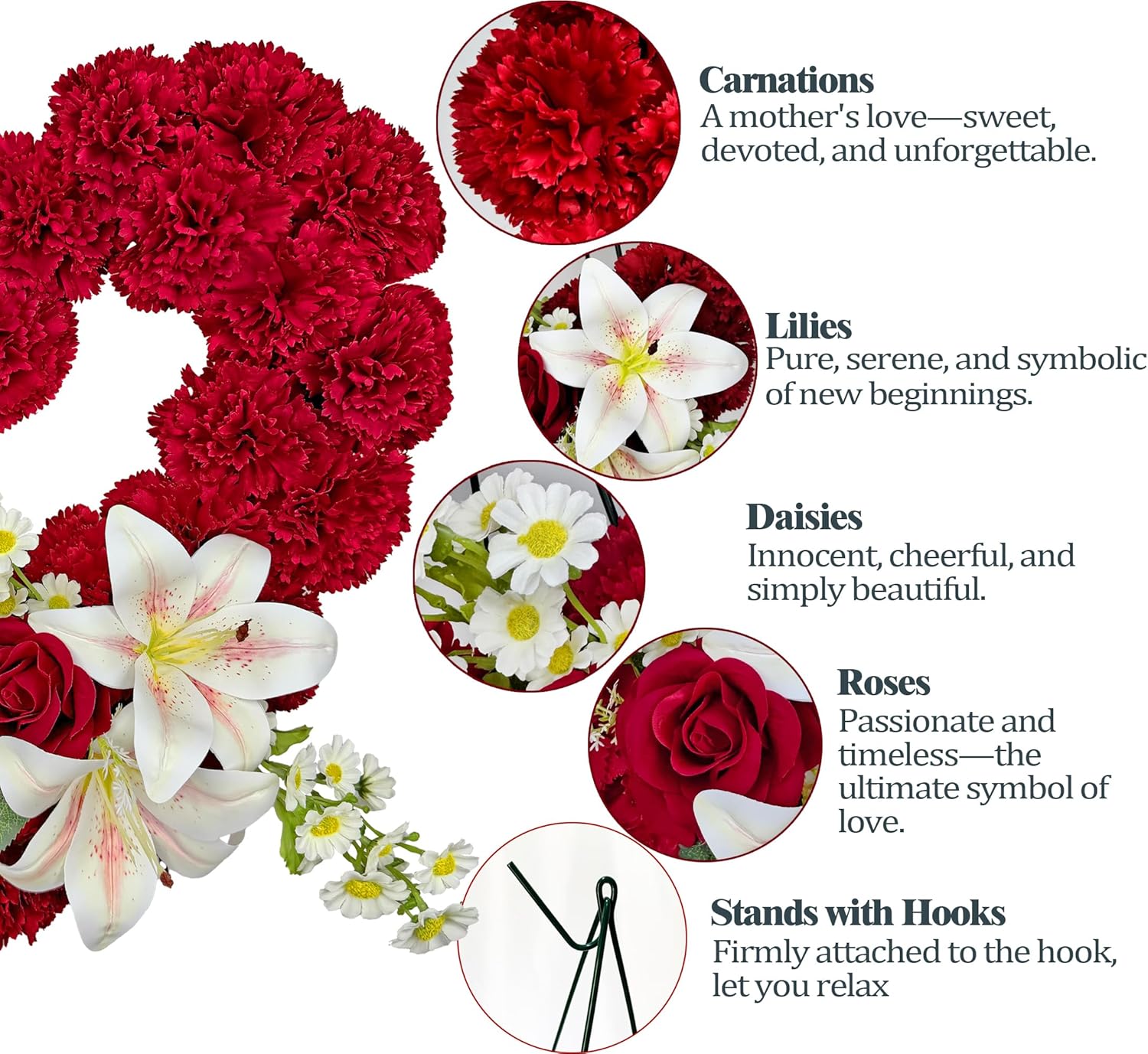 Cemetery Wreaths for Christmas - Ebullient Standing Heart, Grave Wreath with 30 Inch Easel Stand,Memorial Floral-Red Poinsettia and Lily