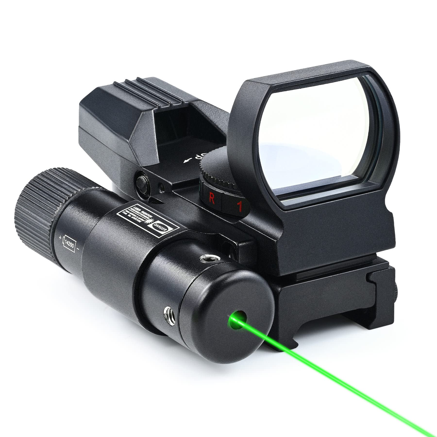 Pinty Red Dot Sight with Integrated Laser Sight, Reflex Sight Optics 4 Pattern Reticle, 2MOA Red & Green Dot 5 Brightness Levels with Laser, Red, Green