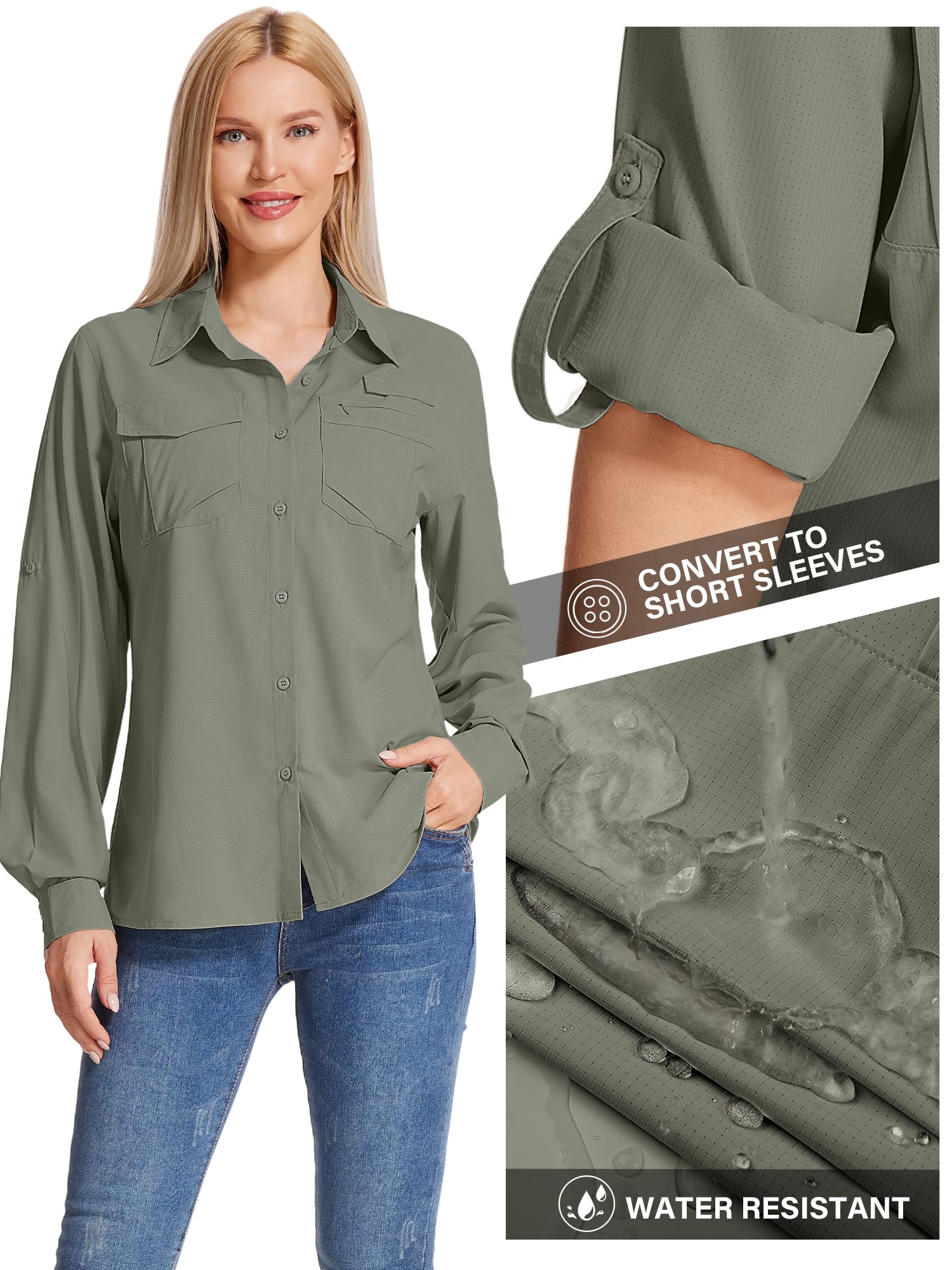 Camicia safari da donna UPF 50 con protezione solare UV ad asciugatura rapida, a maniche lunghe, per escursionismo, passeggiate, pesca, viaggi all'aperto