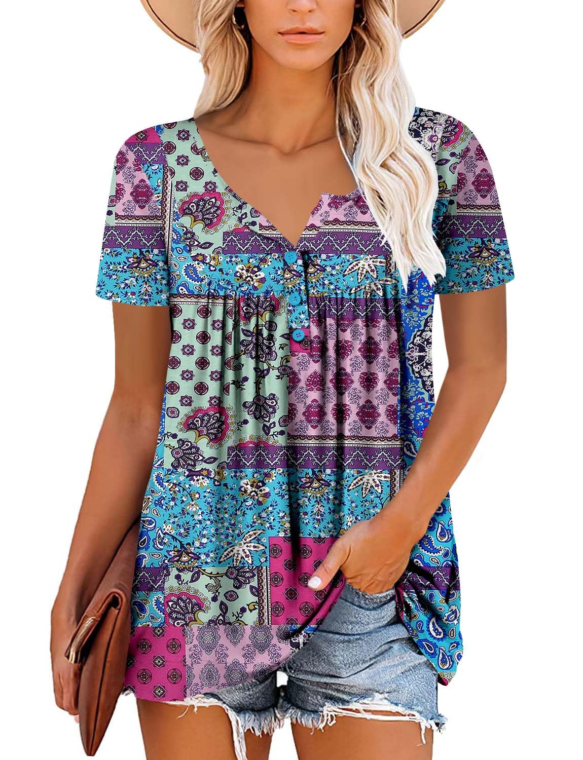 KISSMODA Ladies Pleated Tunic Tops for Women Buttons up Long Sleeve Shirts Floral Print — view 2