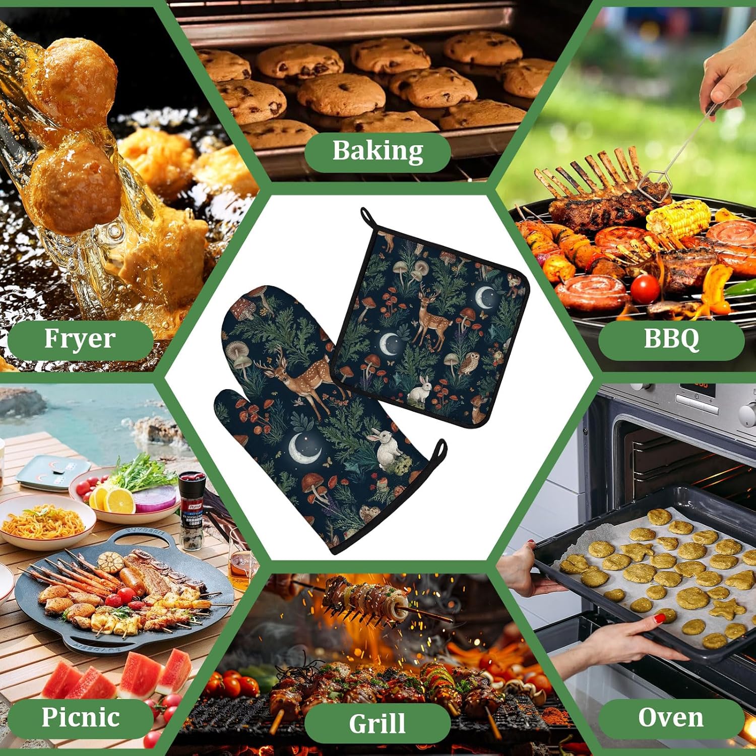 Wild Animal Mushroom Forest Oven Mitts and Pot Holders Set 4 Pcs Extra Long Heat Resistant Gloves Potholder for Baking, BBQ, Grilling