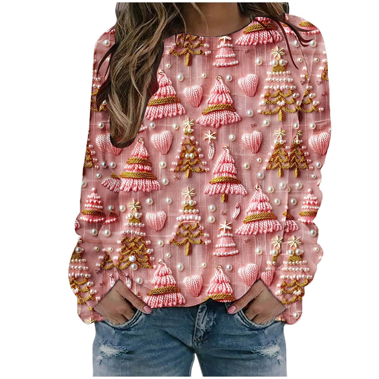 YinguoWomens Christmas Sweatshirt UK Ladies Santa Claus Xmas Tree Snowman Printed Jumper Long Sleeve Pullover Winter Jumpers Outwear Shirt Plus Size Crew Neck Sweater Funny Blouse