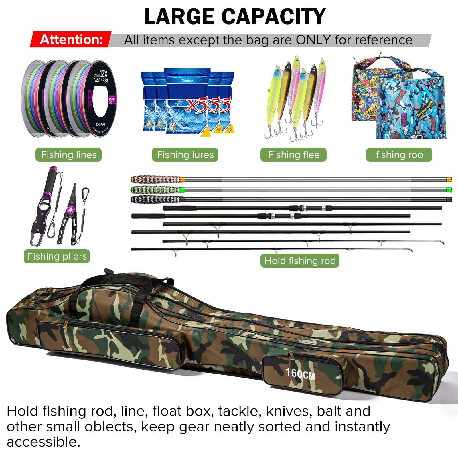 Housse de canne à pêche pliable et portable, housse à 3 couches de 160cm avec organiseur de moulinets et multiples compartiments, housses de canne à pêche étanche rangement cadeau idéals pour pêcheurs