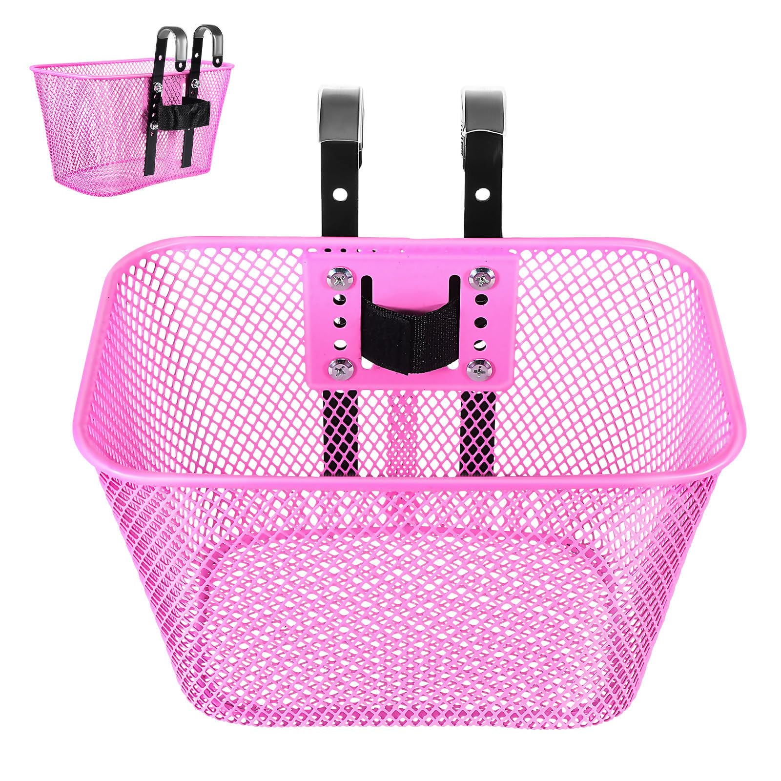 NIYANGLE Portable Pink Front Bike Basket for Adults and – Metal Wire Mesh with Adjustable Strap and Hook Fixing, Universal Cycle Front Holder for City Riding and Short Trips